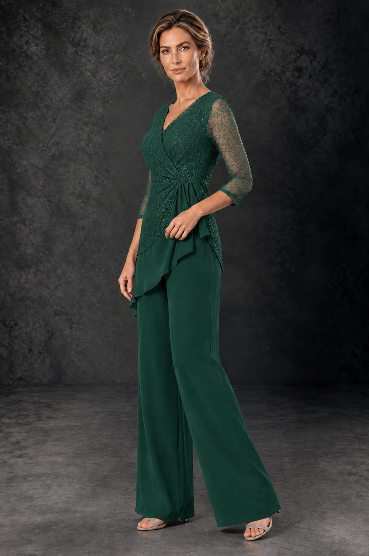 BOLODOO Emerald Green Sequin Lace 3/4 Sleeve Chiffon Mother of the Bride Pant Suit - Emerald Green - Emerald_Green_2