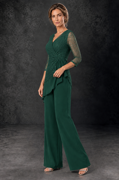 BOLODOO Emerald Green Sequin Lace 3/4 Sleeve Chiffon Mother of the Bride Pant Suit - Emerald Green - Emerald_Green_2