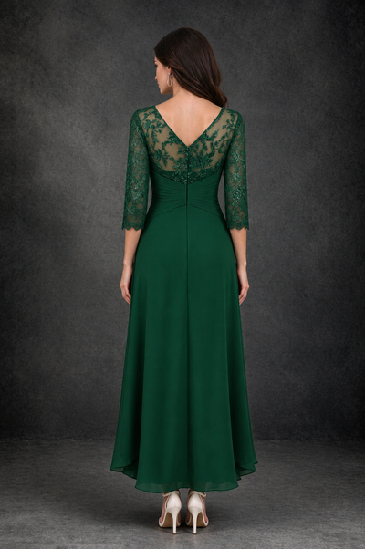 BOLODOO Emerald Green Sequin Lace & Chiffon Tea-Length Mother of the Bride Dress with 3/4 Sleeves - Emerald Green - Emerald_Green_2