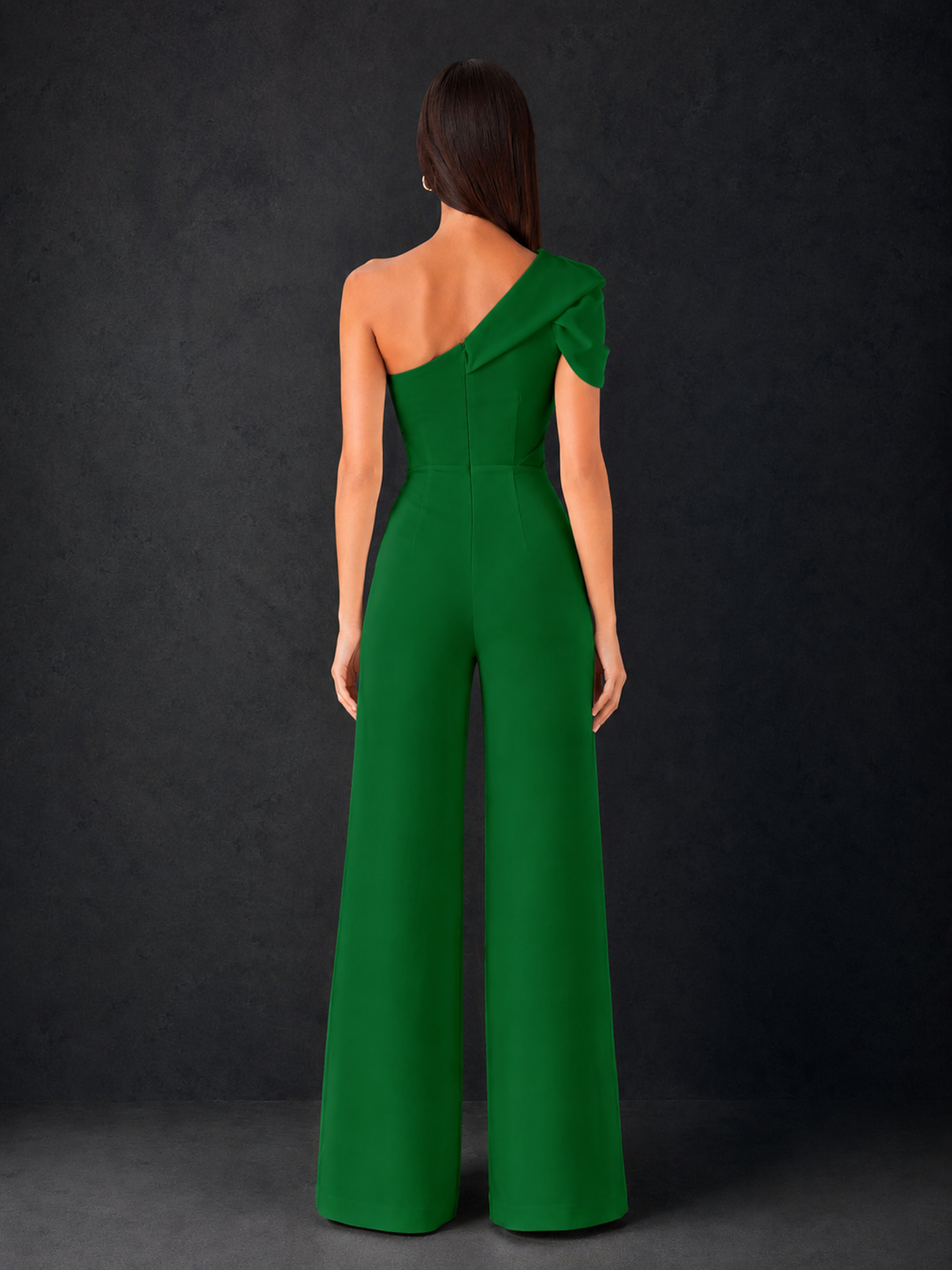 BOLODOO Emerald Green One-Shoulder Puff Sleeve Wide-Leg Jumpsuit with Front Slit and Open Back - Emerald Green