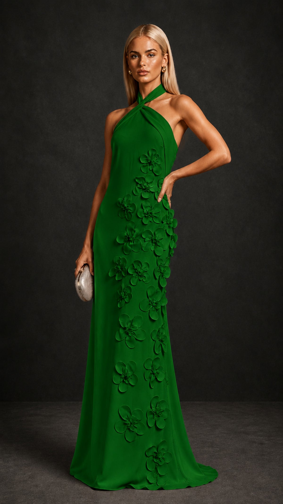 BOLODOO Emerald Green Cross Halter Neck 3D Floral Appliqué Backless Mermaid Maxi Gown - Emerald Green