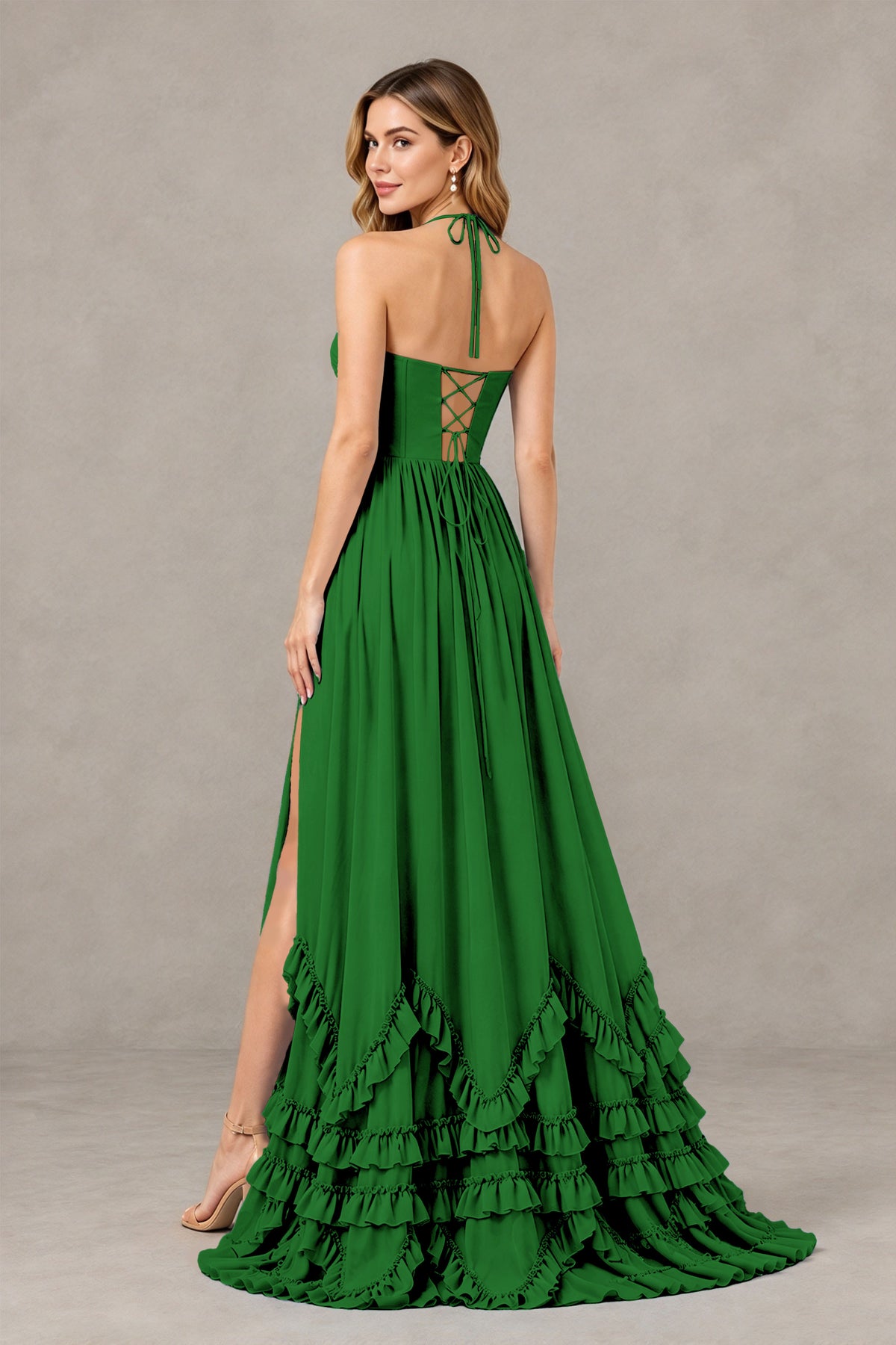 BOLODOO Emerald Green Halter Ruffle Hem A-Line Bridesmaid Dress with High Slit - Emerald Green - Emerald Green(2)