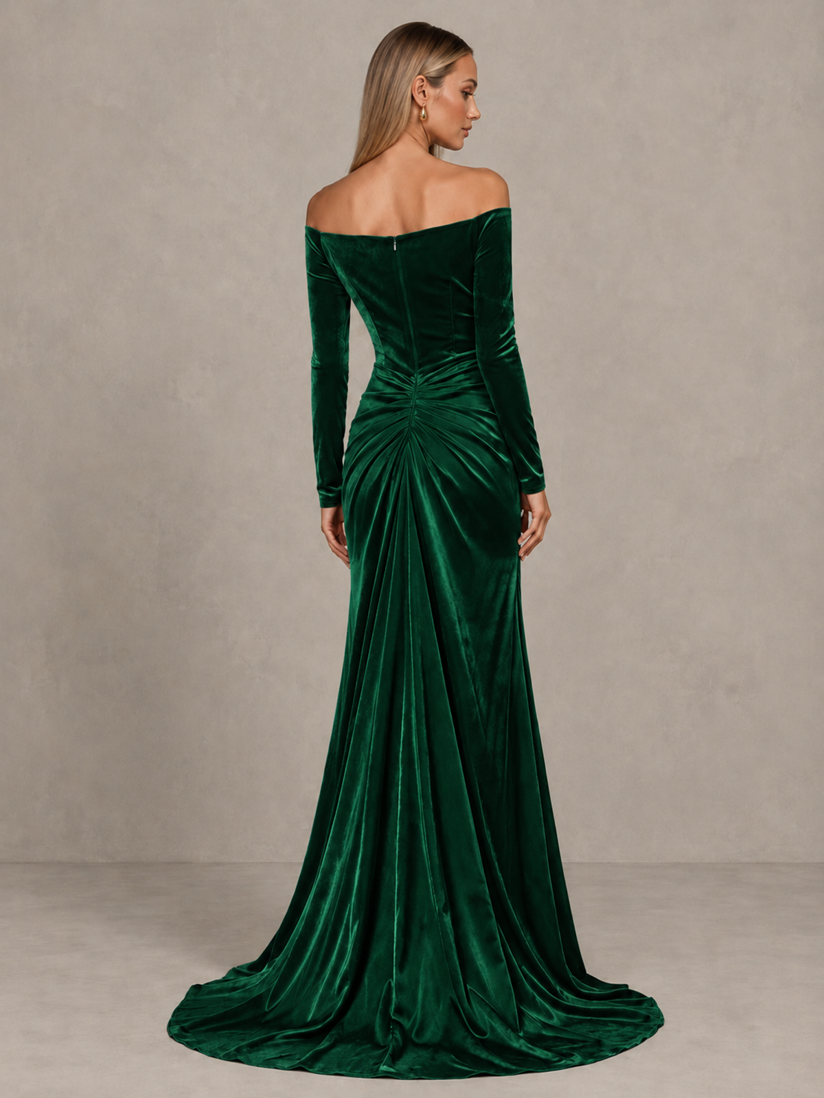 BOLODOO Emerald Green Off-Shoulder Velvet Evening Gown with High Slit - Emerald Green - Emerald Green_2