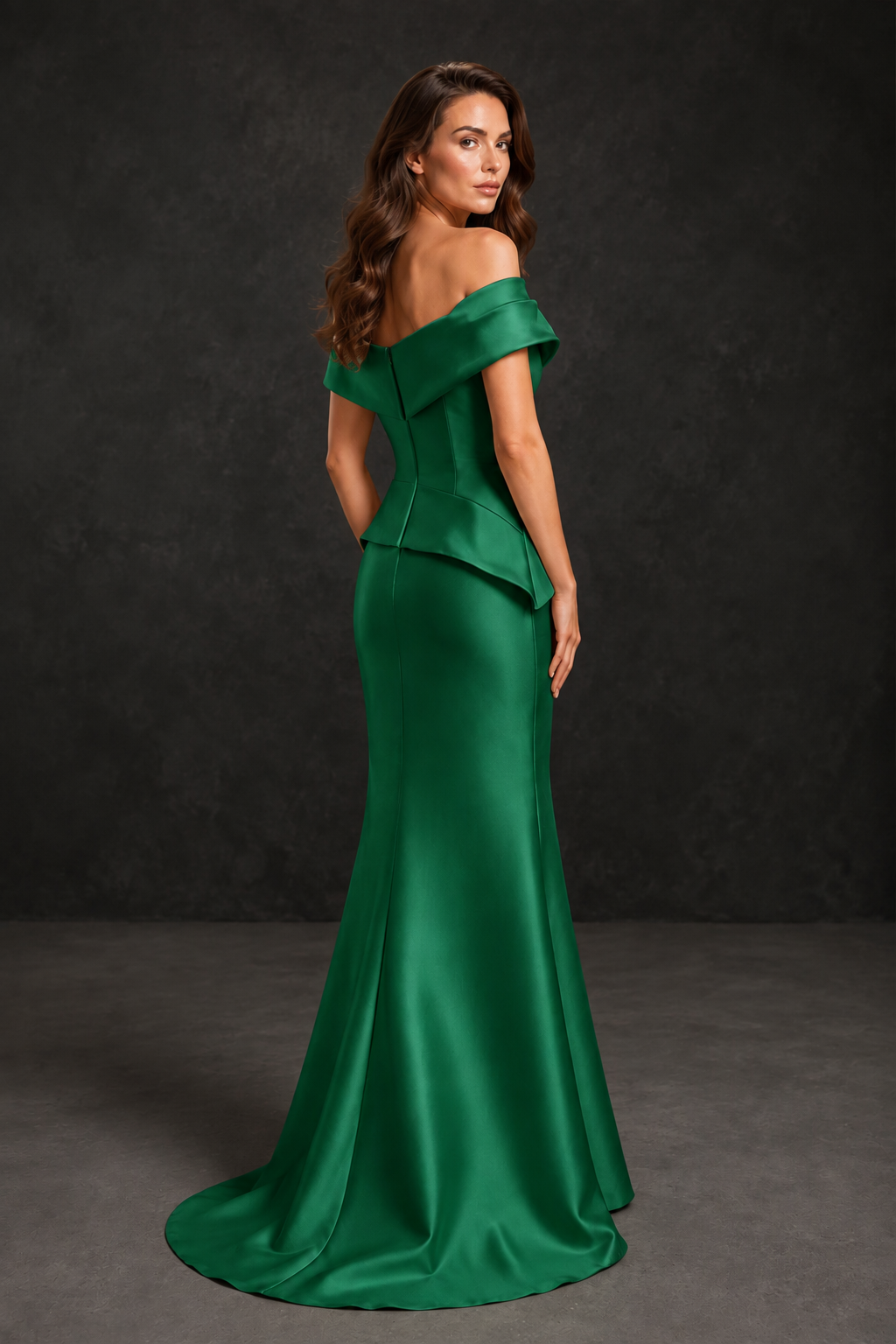 BOLODOO Emerald Green Satin Off-Shoulder Sweetheart Asymmetric Peplum Mermaid Gown with Emerald Green Floral Embroidery | MOB Evening Dress - Emerald Green