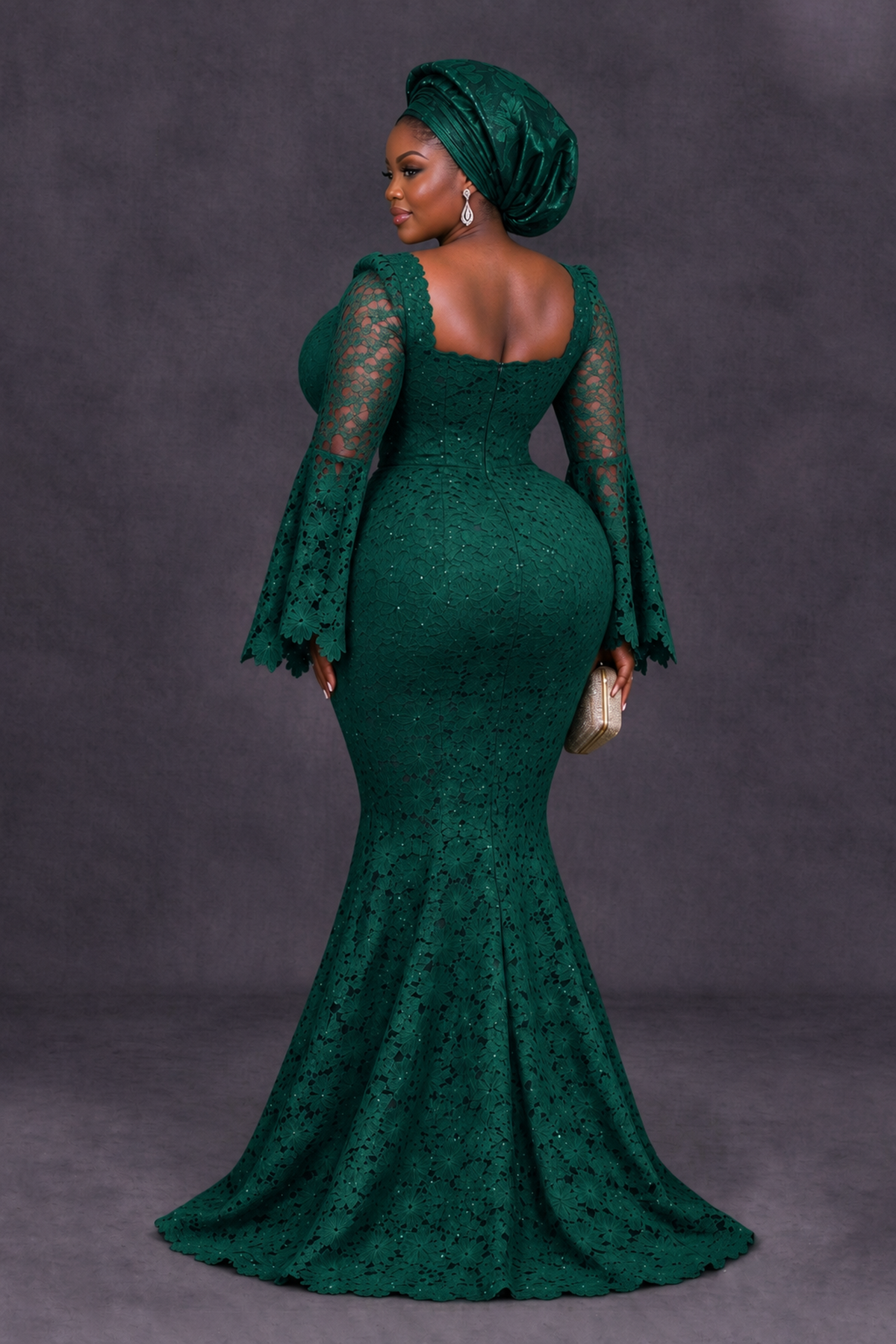 BOLODOO Emerald Green African Lace Mermaid Dress, Plus Size Nigerian Wedding Guest Gown with Bell Sleeves - Emerald Green - Emerald Green_2