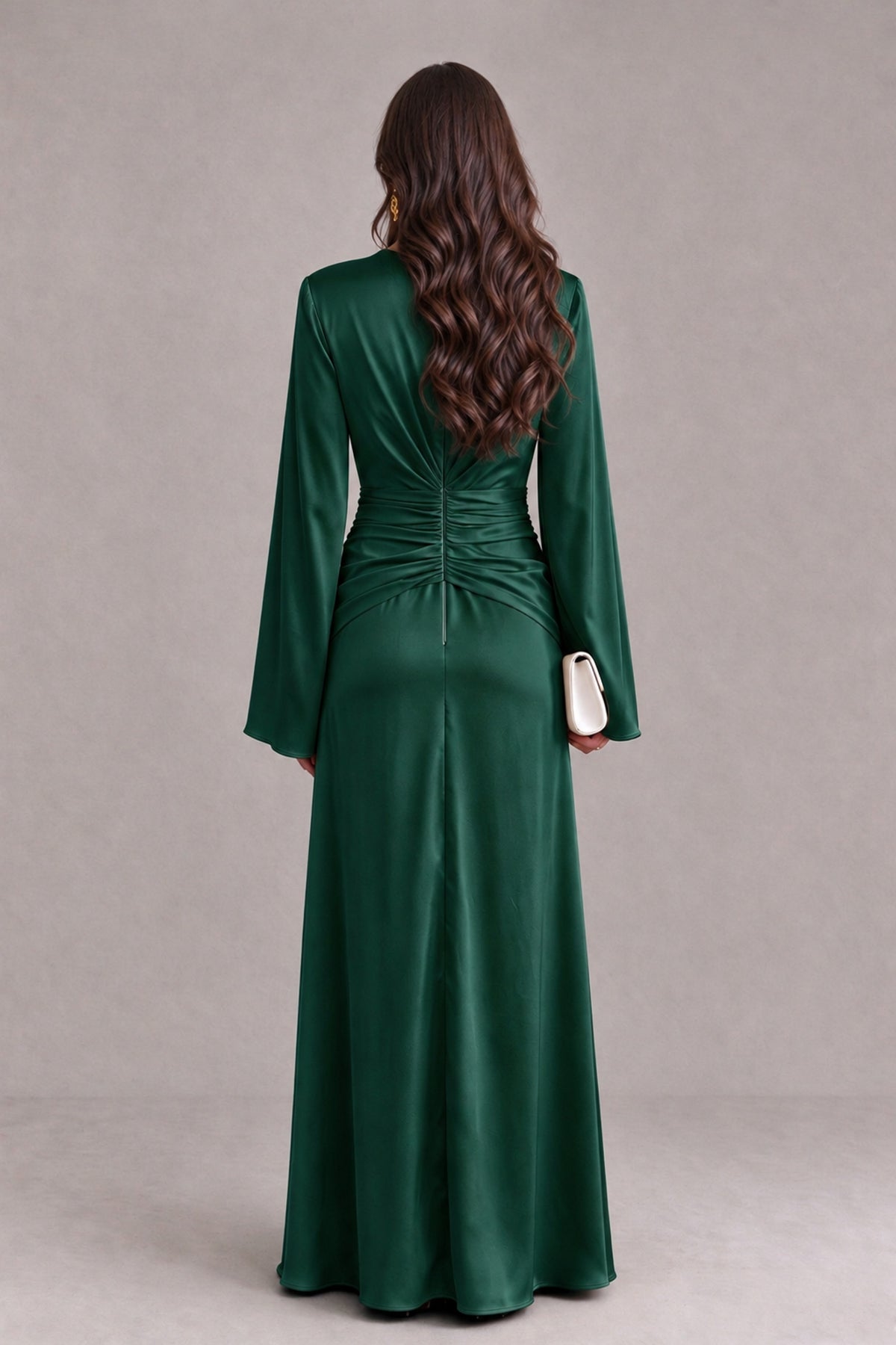 BOLODOO Emerald Green Yellow Satin-Look V-Neck Long Bell Sleeve Evening Dress - Emerald Green - Emerald_Green_2