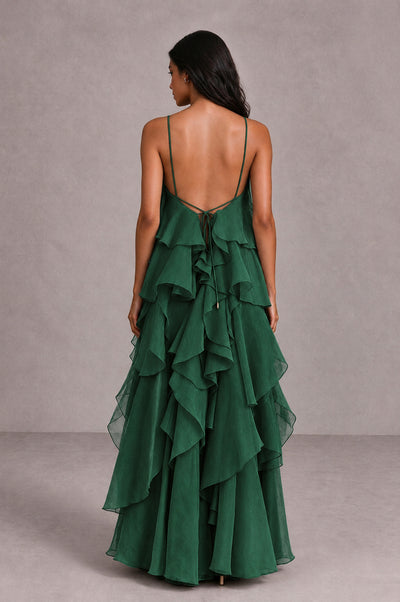 BOLODOO Emerald Green Cascading Ruffle Rosette Open-Back Maxi Dress - Emerald Green - Emerald Green_2