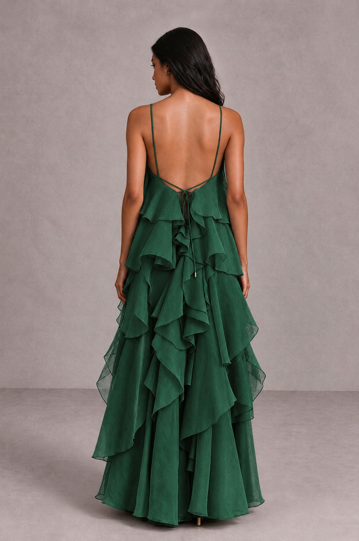 BOLODOO Emerald Green Cascading Ruffle Rosette Open-Back Maxi Dress - Emerald Green - Emerald Green_2