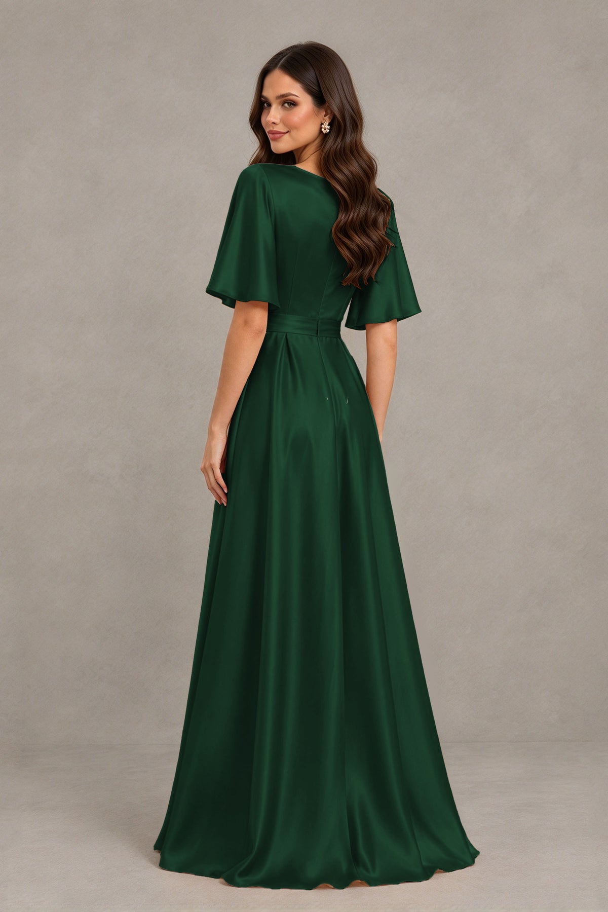 BOLODOO Emerald Green Satin V-Neck Flutter Sleeve Bridesmaid Dress with Slit - Emerald Green - Emerald Green(2)