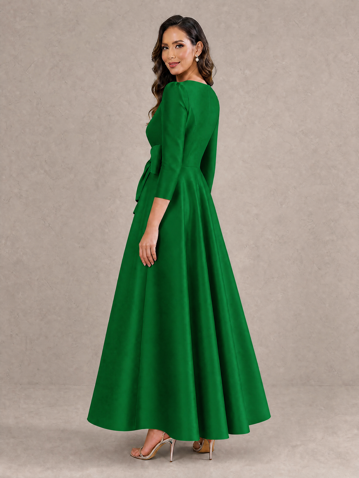 BOLODOO Emerald Green Satin Deep V-Neck Wrap 3/4 Puff Sleeve A-Line Ball Gown Maxi Dress with Oversized Bow Belt - Emerald Green