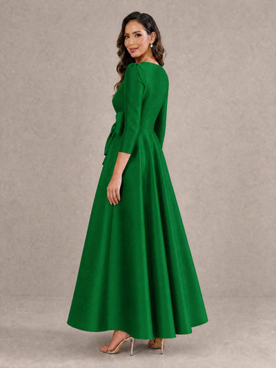 BOLODOO Emerald Green Satin Deep V-Neck Wrap 3/4 Puff Sleeve A-Line Ball Gown Maxi Dress with Oversized Bow Belt - Emerald Green