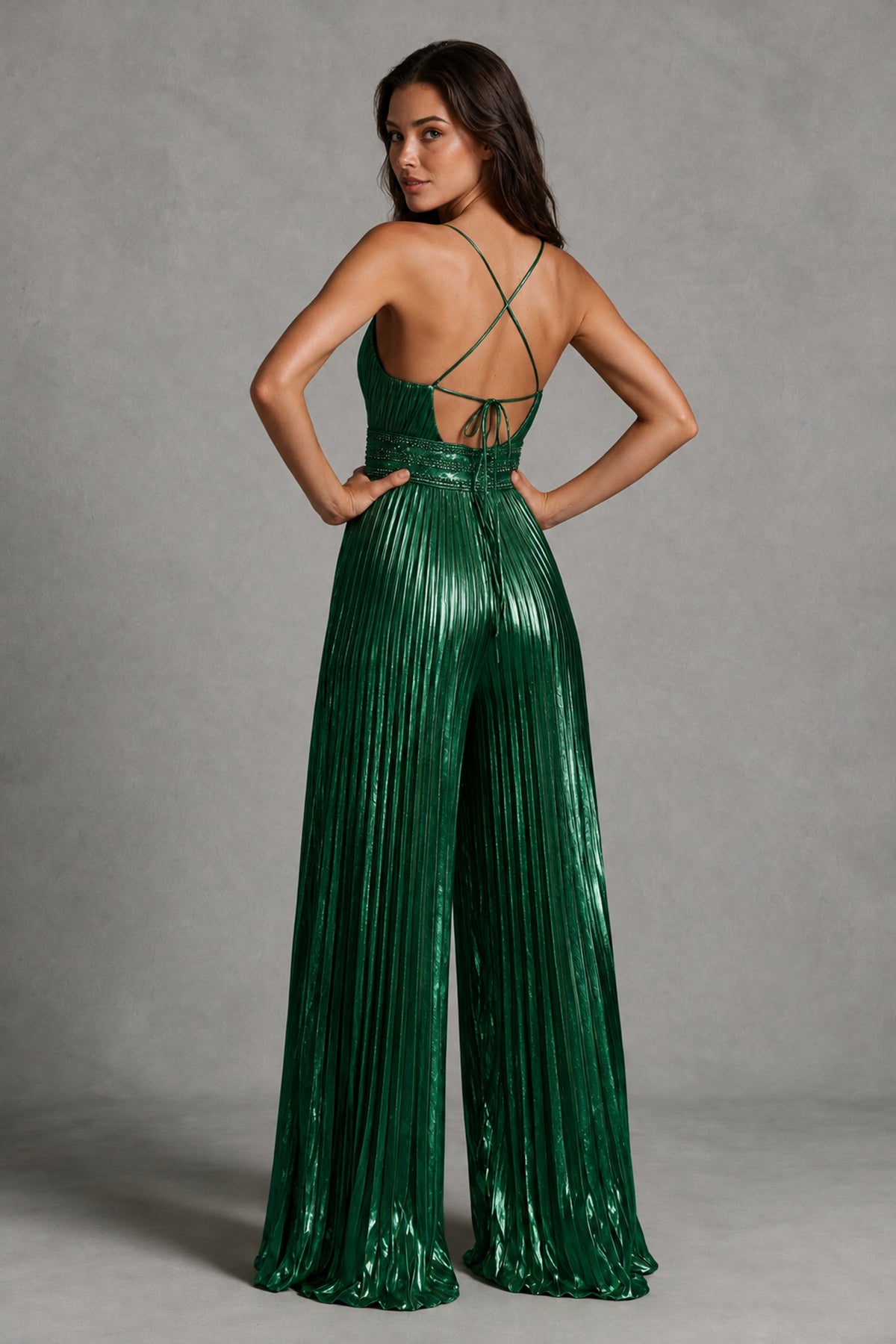 BOLODOO Emerald Green Pleated Wide-Leg Jumpsuit with Open Back - Emerald Green
