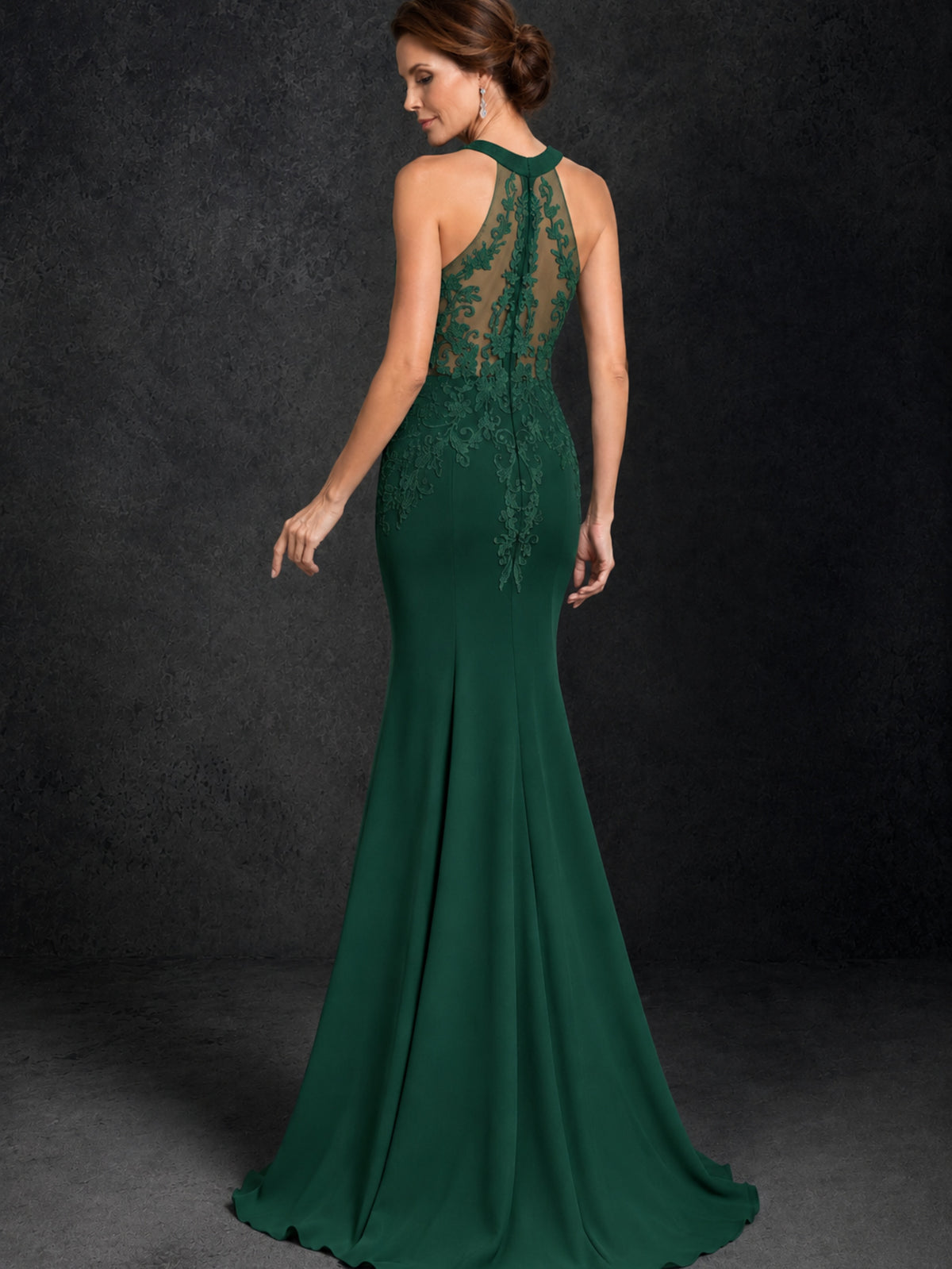 BOLODOO Emerald Green Lace Applique Halter Neck Sheer Back Mermaid Maxi Dress with Sweep Train - Emerald Green