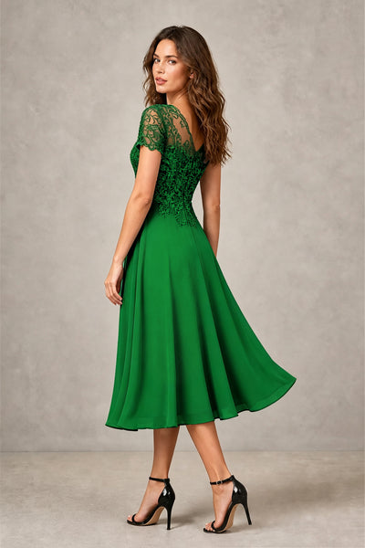 BOLODOO Steel Emerald Green Beaded Lace Illusion Bodice Chiffon Tea-Length Dress | Mother of the Bride & Cocktail Party - Emerald Green