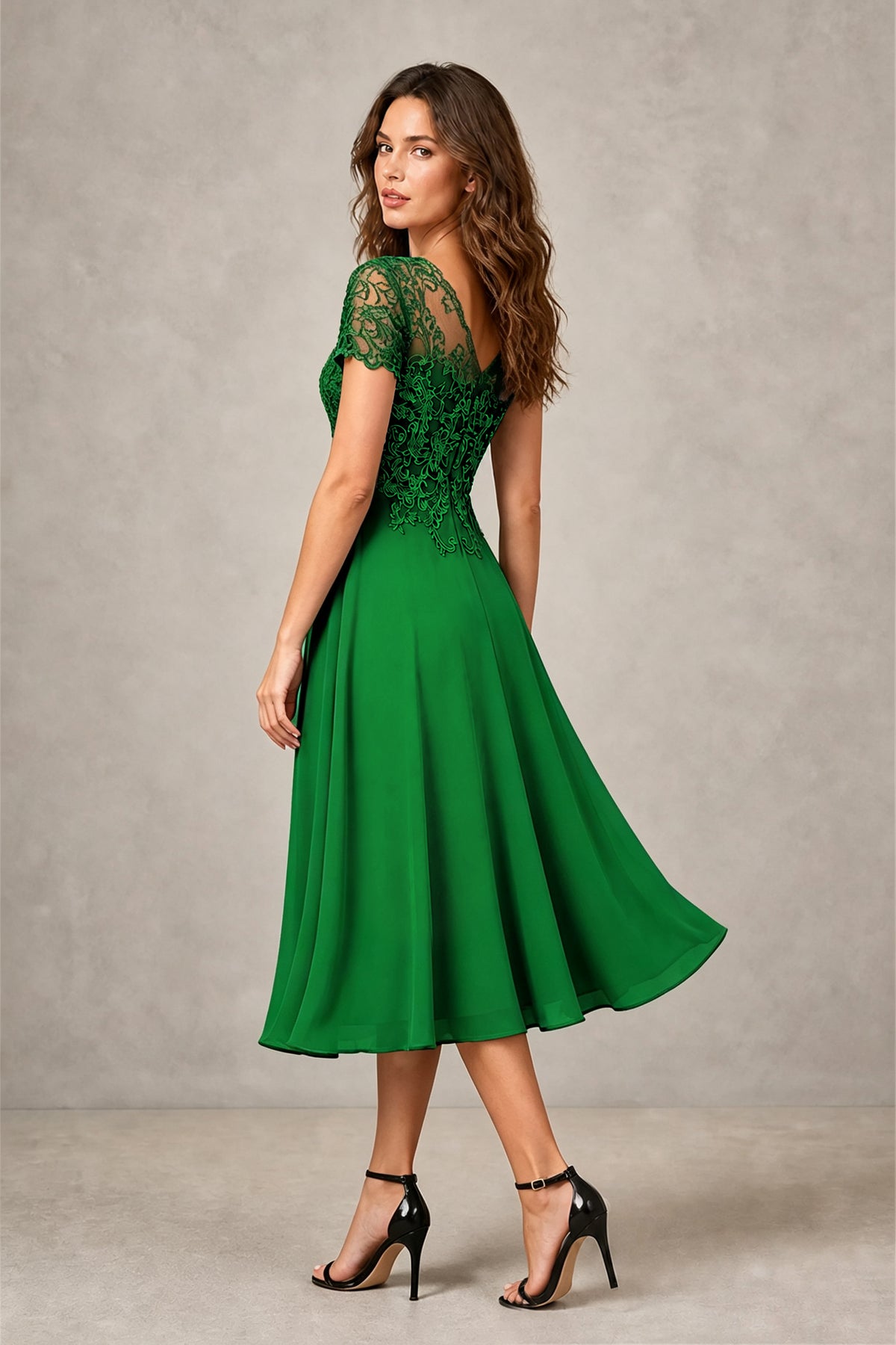 BOLODOO Steel Emerald Green Beaded Lace Illusion Bodice Chiffon Tea-Length Dress | Mother of the Bride & Cocktail Party - Emerald Green