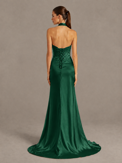 BOLODOO Emerald Green Halter Satin Evening & Prom Dress with High Slit - Emerald Green - Emerald Green_2
