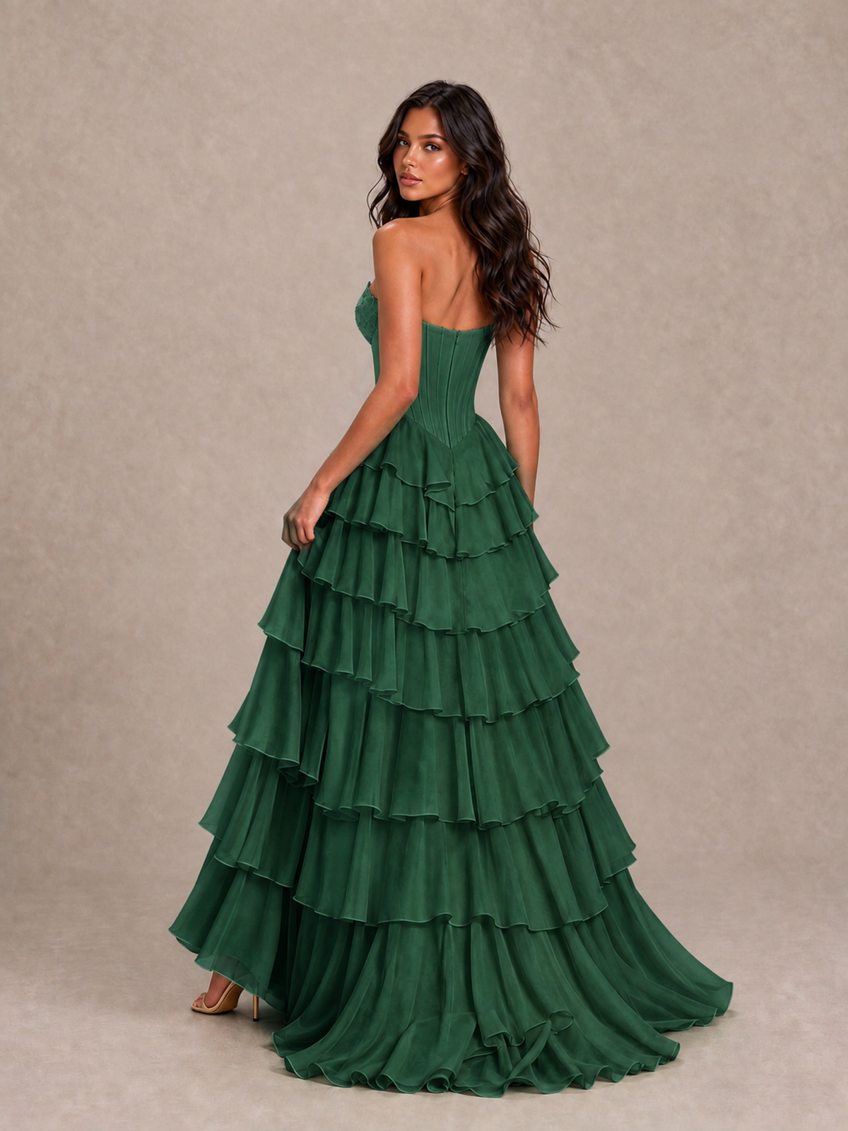 BOLODOO Emerald Green Strapless Corset Tiered Ruffle Prom Dress with High Slit - Emerald Green - Emerald Green_2