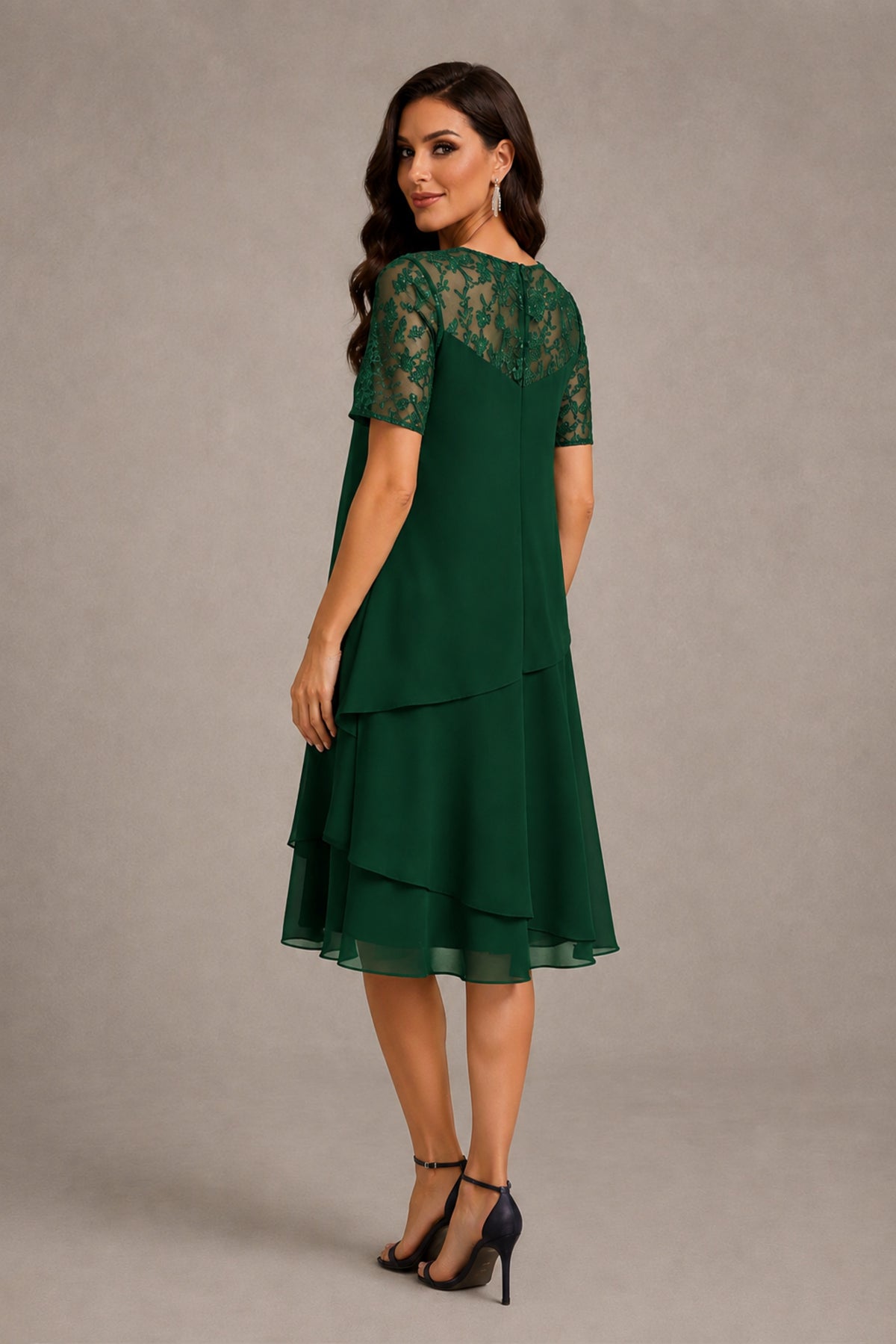 BOLODOO Emerald Green Illusion Lace Short Sleeve Tiered Chiffon Tea Length Dress | Mother of the Bride Midi Dress - Emerald Green