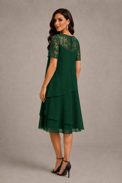 BOLODOO Emerald Green Illusion Lace Short Sleeve Tiered Chiffon Tea Length Dress | Mother of the Bride Midi Dress - Emerald Green