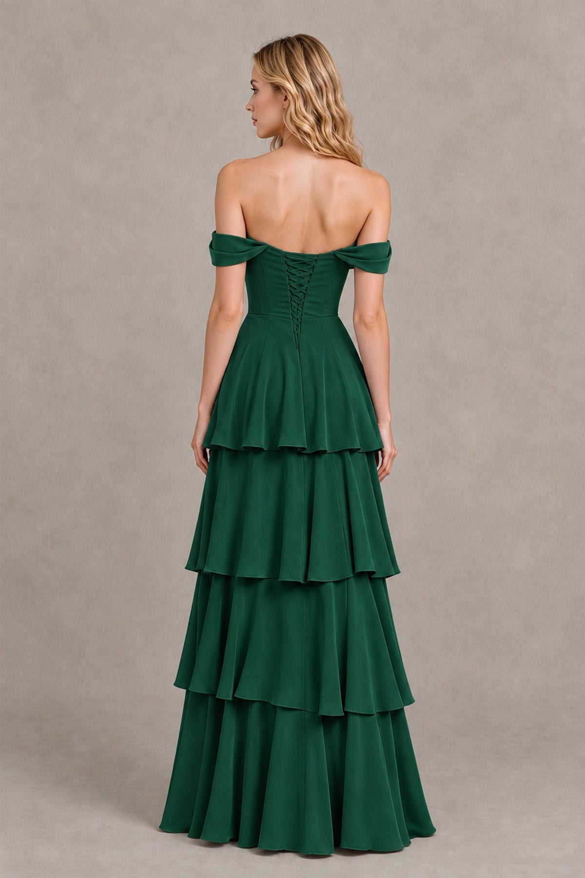 BOLODOO Emerald Green Off-the-Shoulder Tiered A-Line Evening Bridesmaid Dress - Emerald Green - Emerald Green_2
