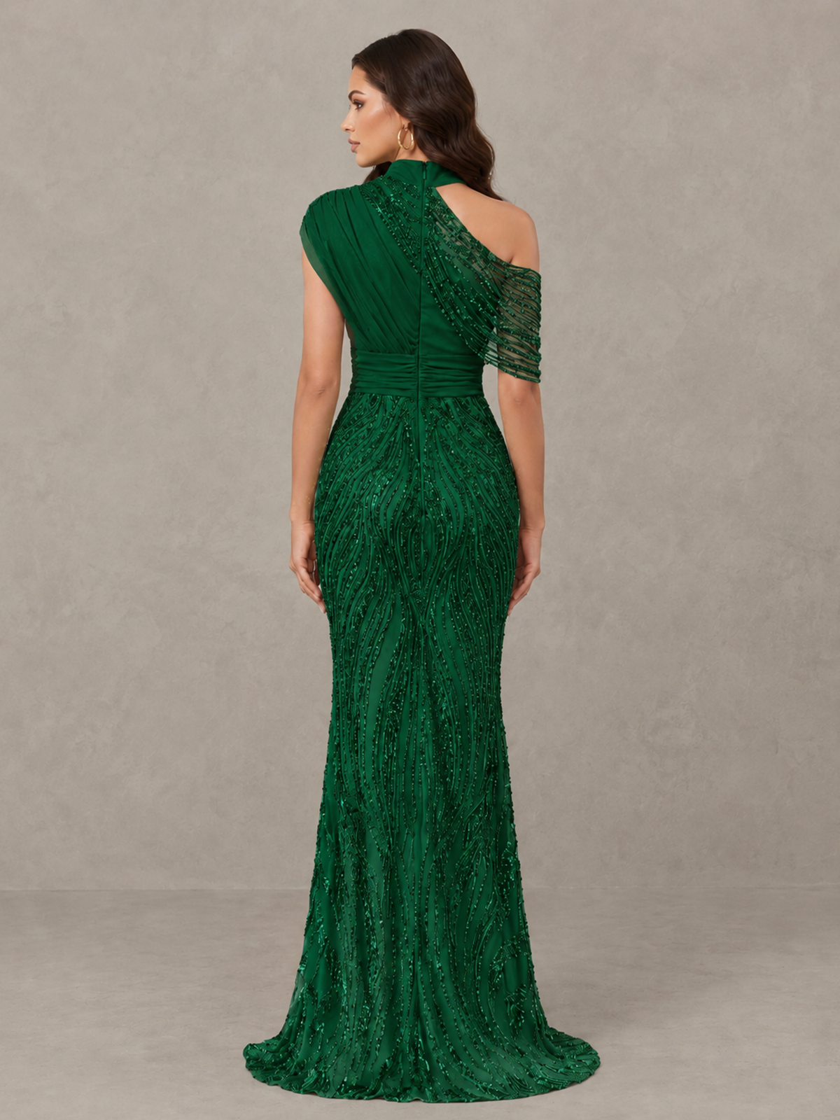 BOLODOO Emerald Green High Neck Draped Sequin Mermaid Evening Gown - Emerald Green - Emerald Green_2