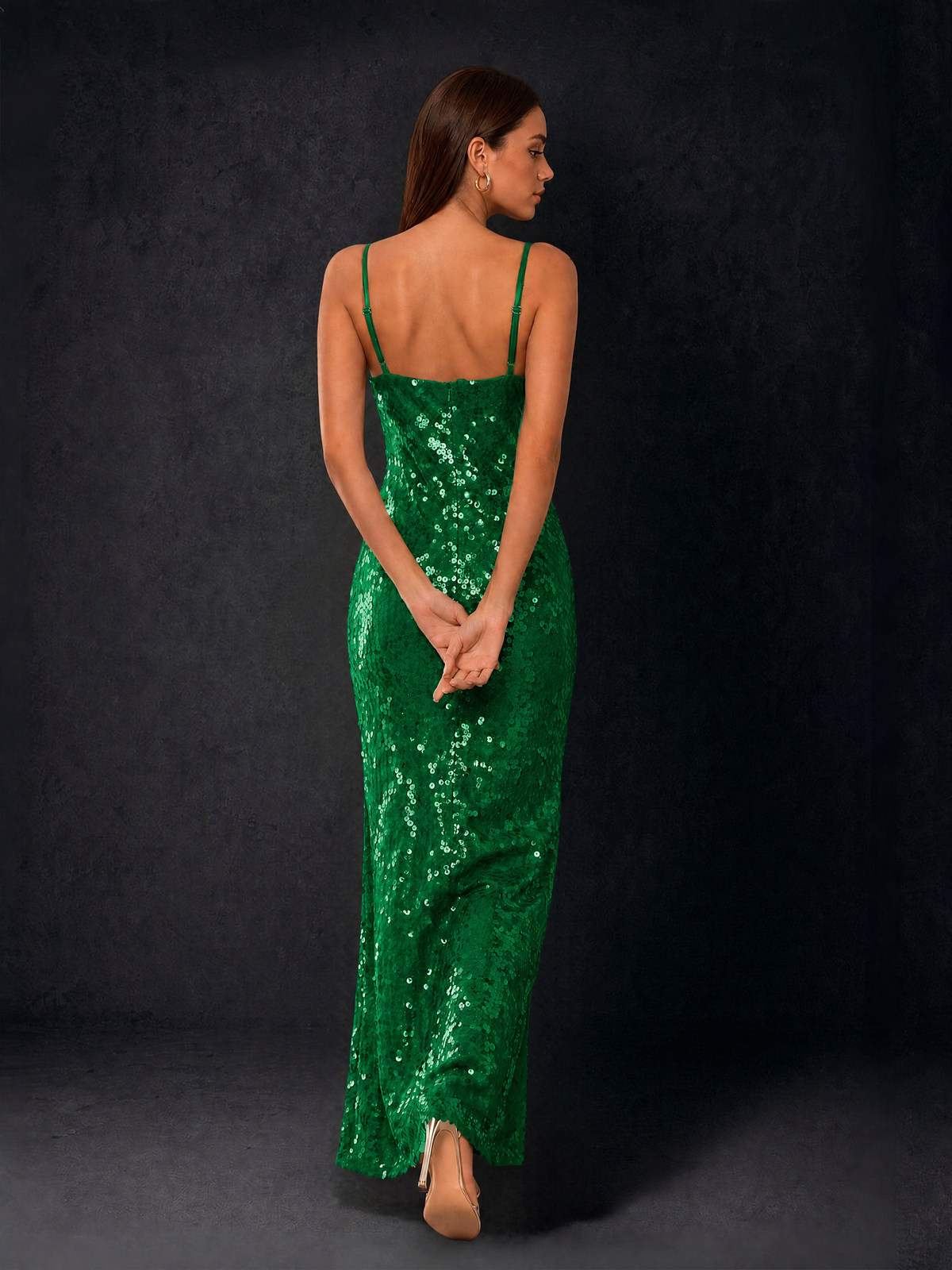 BOLODOO Bronze Sequin Cowl Neck Spaghetti Strap Mermaid Maxi Dress with Open Criss-Cross Back - Emerald Green - Emerald Green