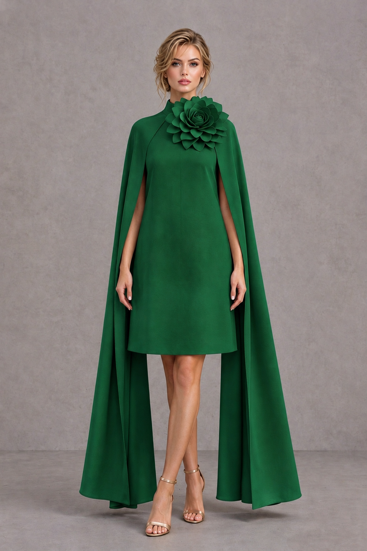 BOLODOO Emerald Green High Neck Floral Cape Mini Cocktail Dress - Emerald Green - Emerald Green_2