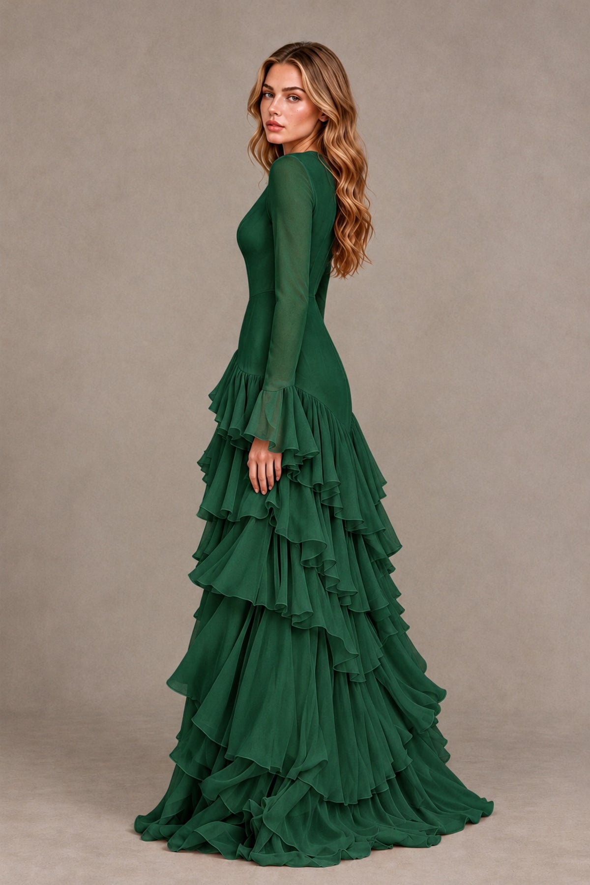 Emerald Green Long Sleeve Tiered Ruffle Evening Gown - Emerald Green - Emerald Green_2
