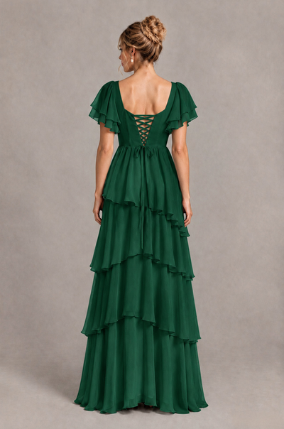 BOLODOO Emerald Green Square Neck Flutter Sleeve Tiered Chiffon Bridesmaid Dress with Lace-Up Back - Emerald Green - Emerald Green_2