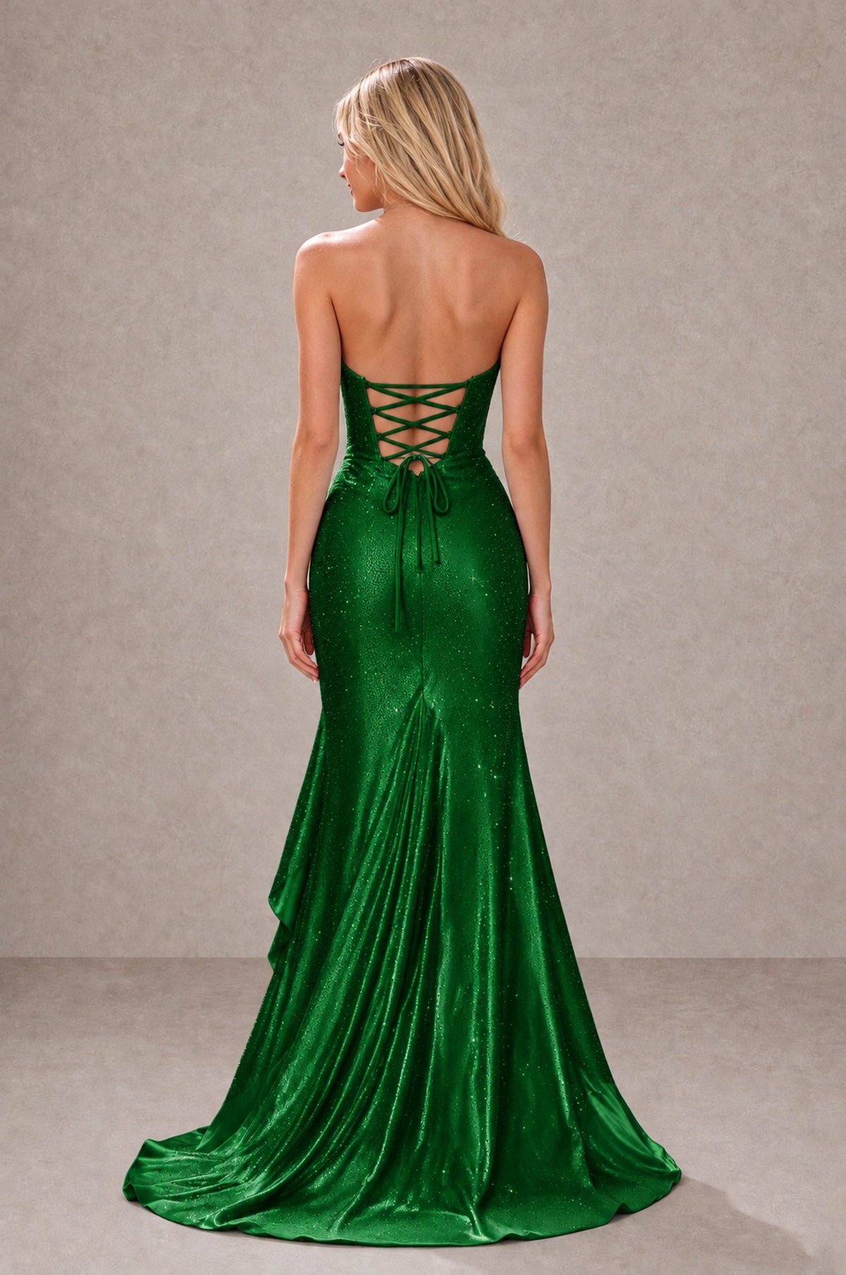 BOLODOO Emerald Green Strapless Corset Mermaid Prom Dress with Ruffle Slit - Emerald Green - Emerald Green_2
