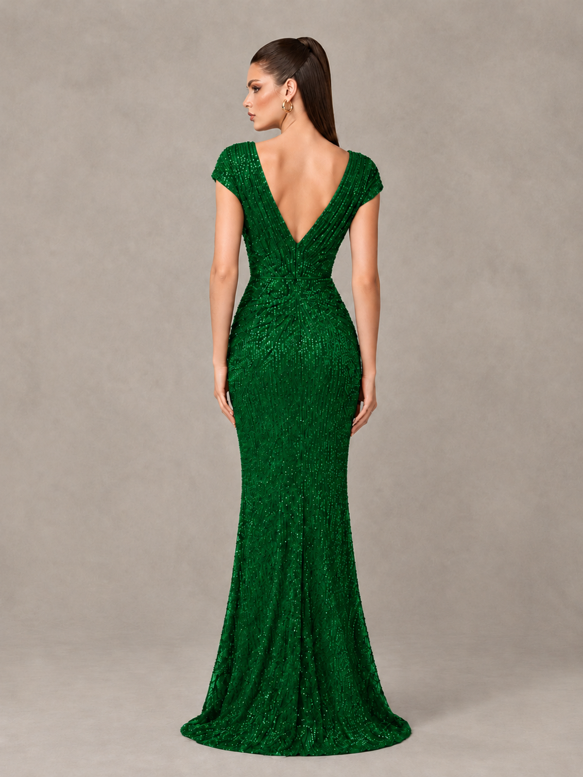 BOLODOO Emerald Green Glitter V-Neck Cap Sleeve Ruched Mermaid Evening Gown - Emerald Green - Emerald Green_2