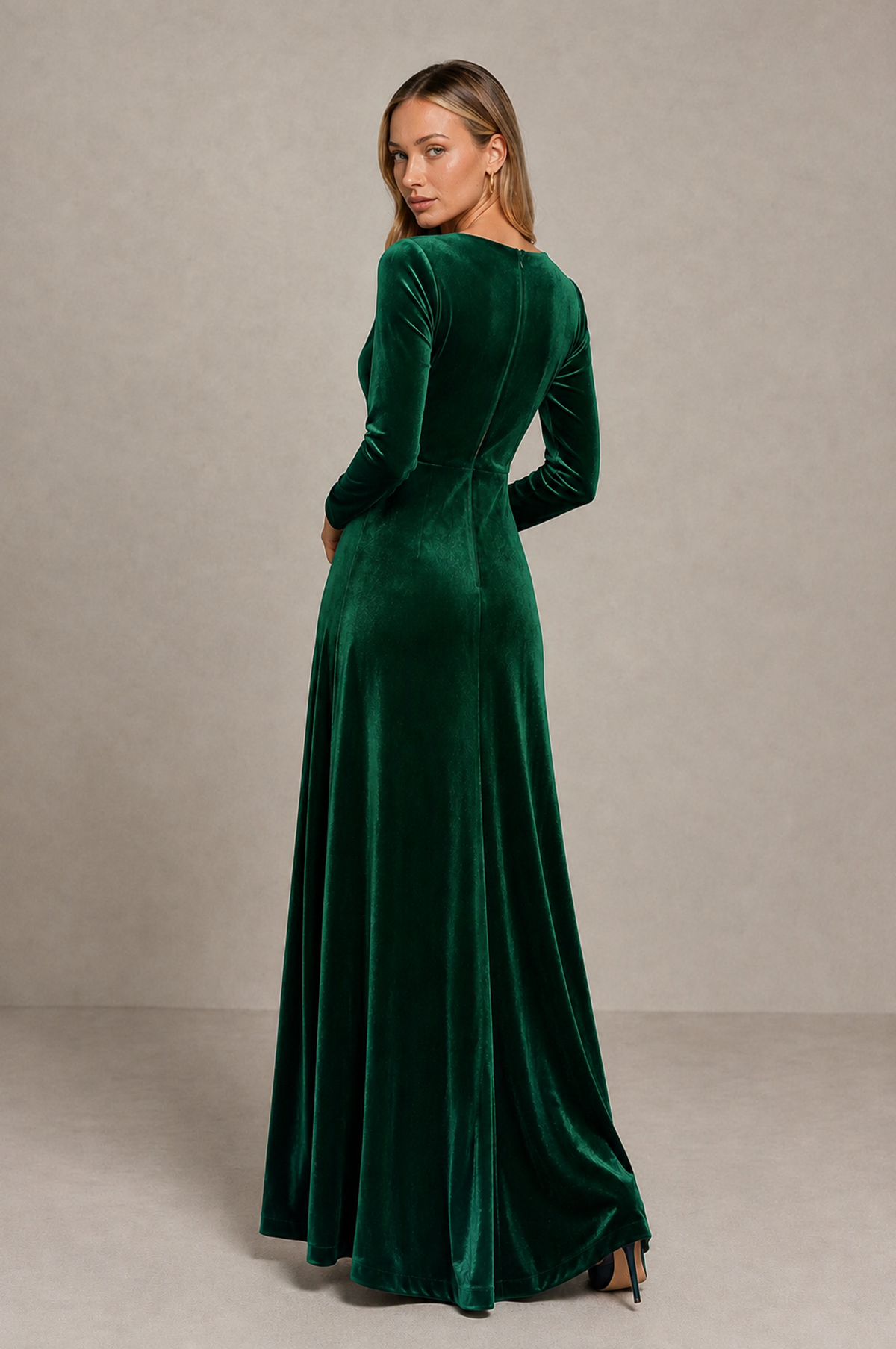 BOLODOO Emerald Green Velvet Long Sleeve V-Neck Ruched Evening Dress - Emerald Green - Emerald_Green_2