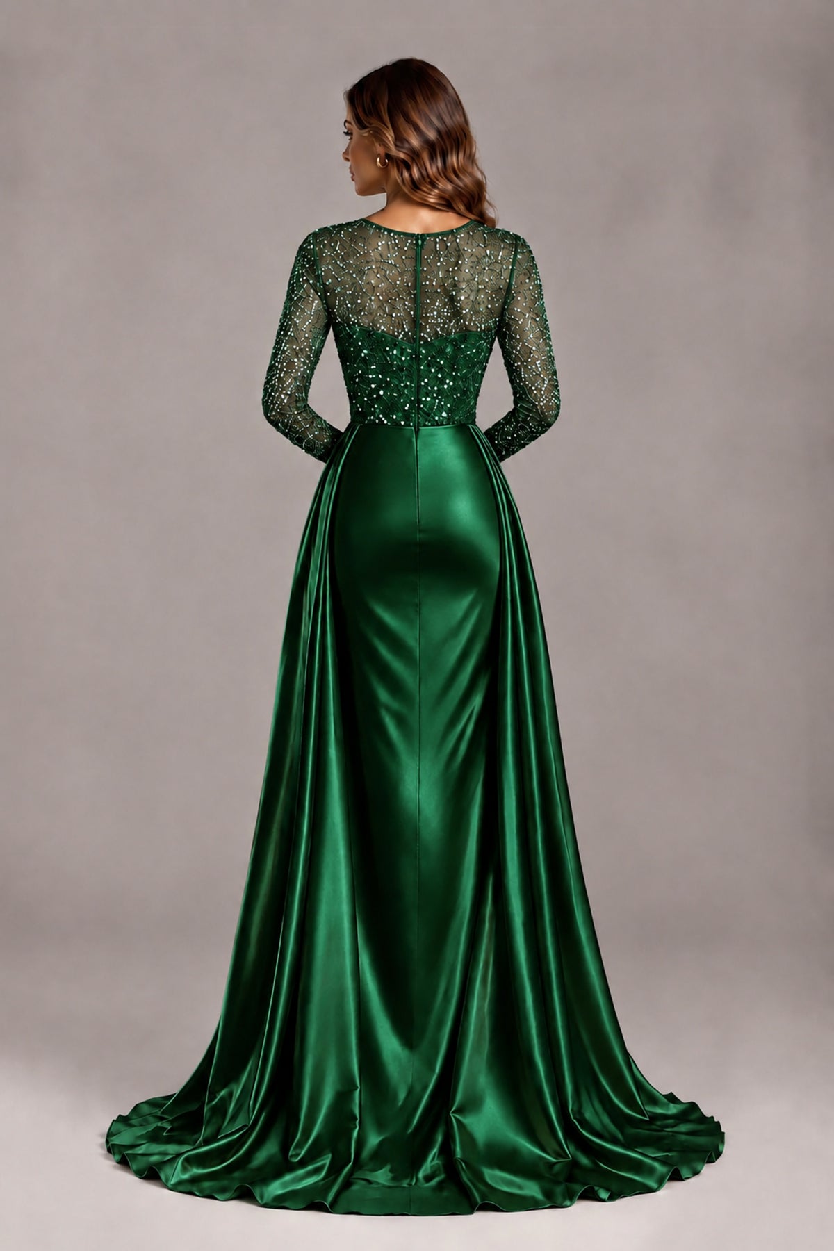 BOLODOO Emerald Green Long Sleeve Embellished Satin Evening Gown with Sweep Train - Emerald Green - Emerald Green_2