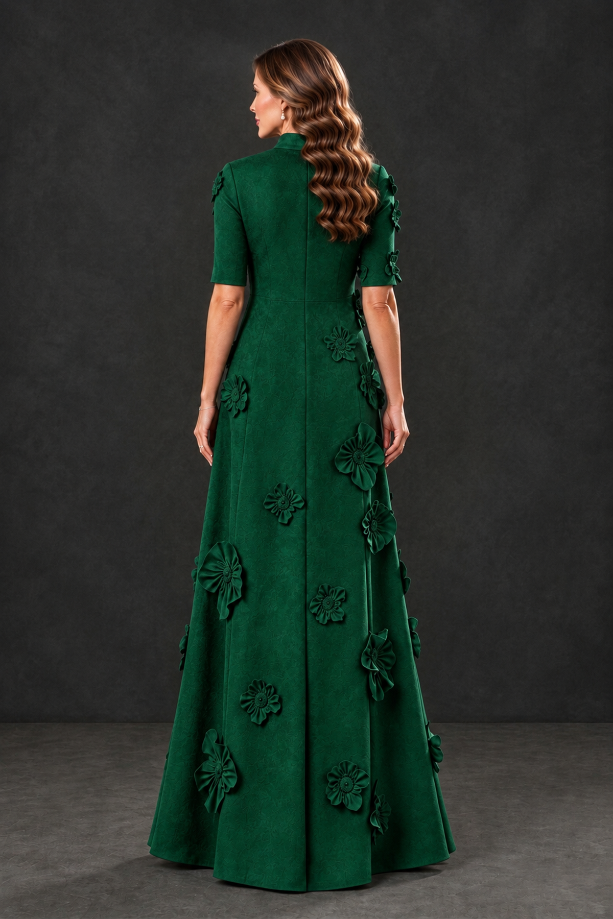 BOLODOO Emerald Green Floral Applique High-Neck Half-Sleeve Gown - Emerald Green - Emerald Green_2