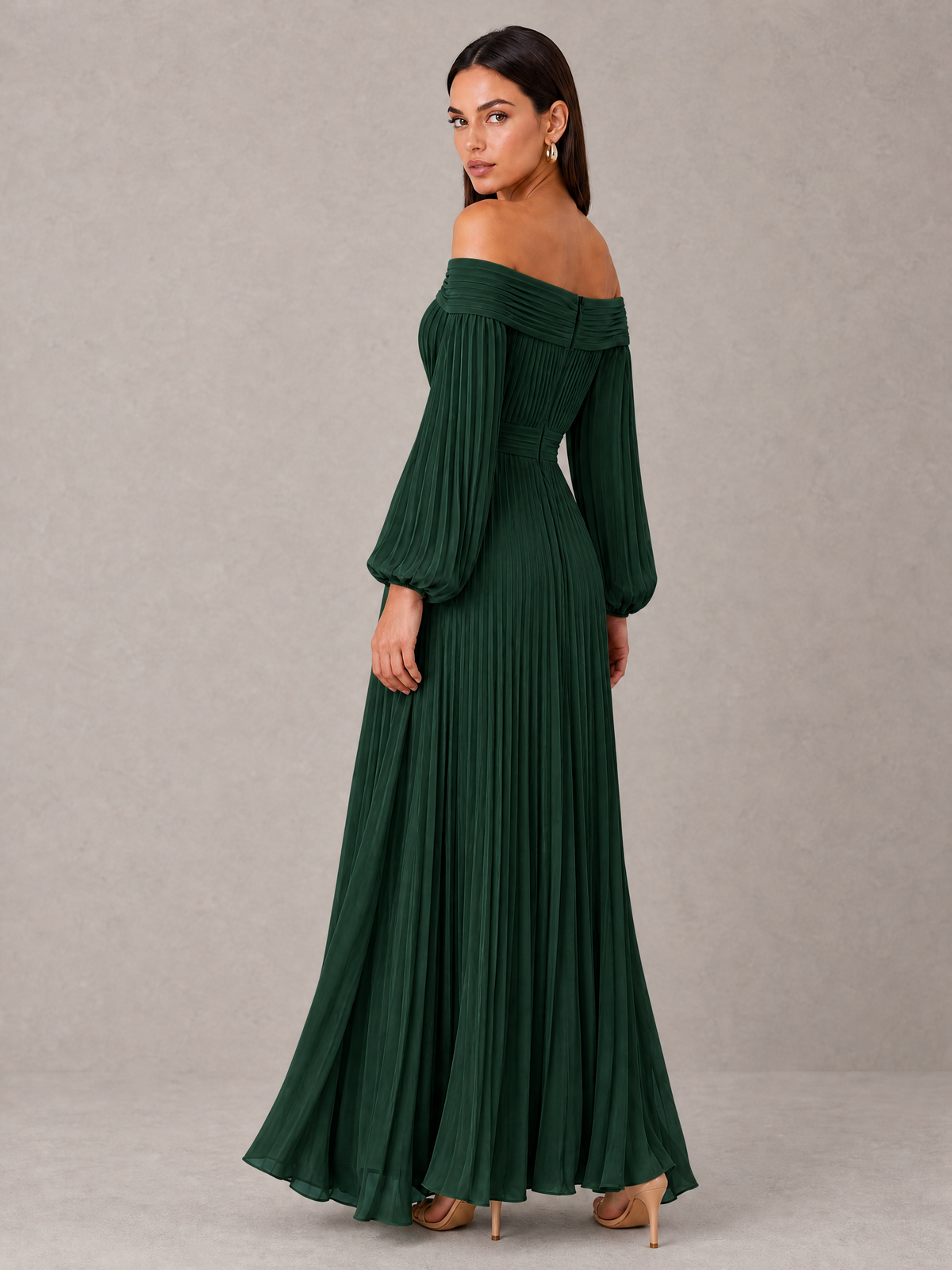 BOLODOO Emerald Green Off-Shoulder Long Sleeve Pleated High-Low Dress - Emerald Green - Emerald_Green_2