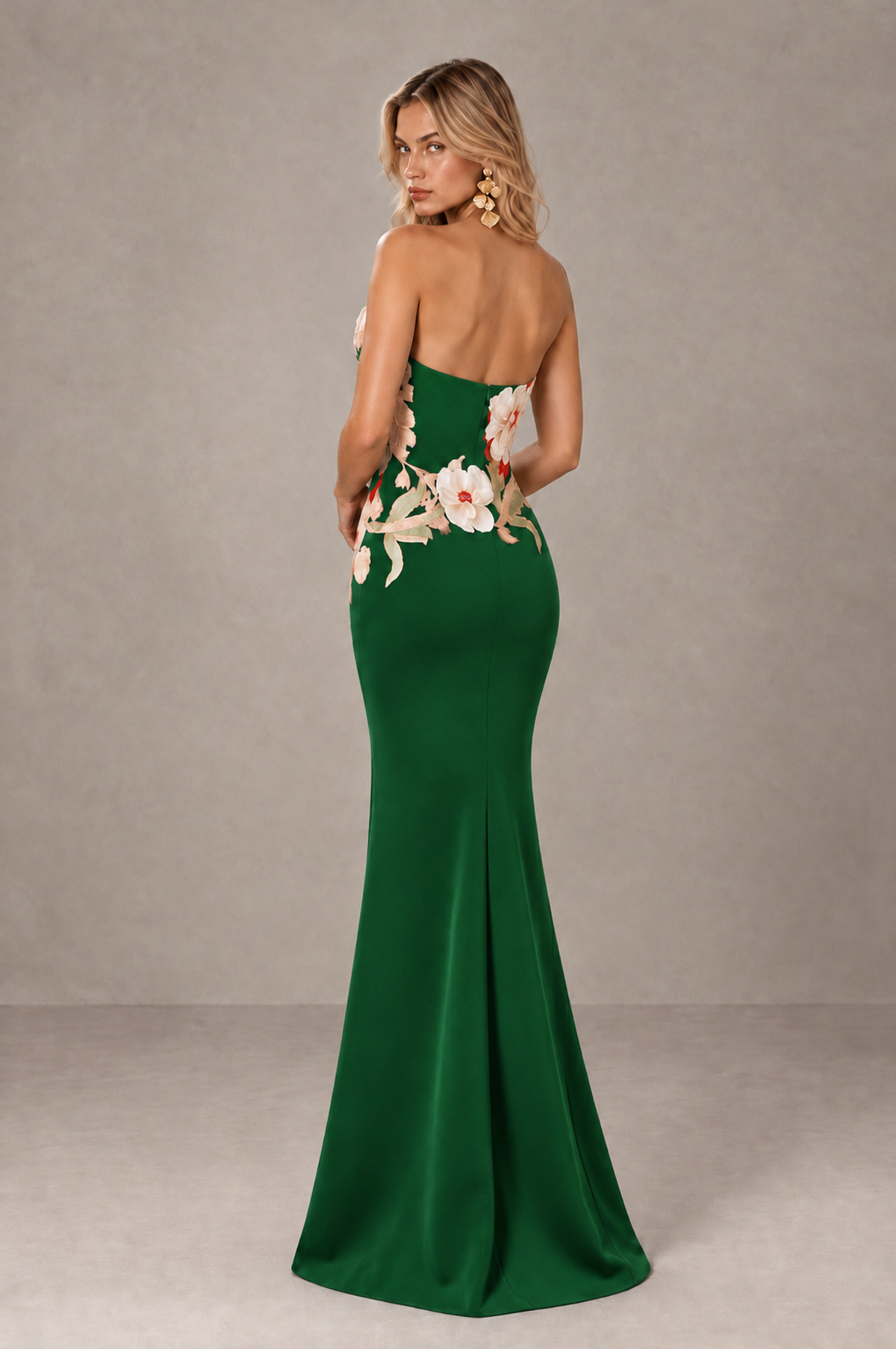 BOLODOO Emerald Green Strapless Floral Mermaid Evening Dress with Slit - Emerald Green - Emerald_Green_2