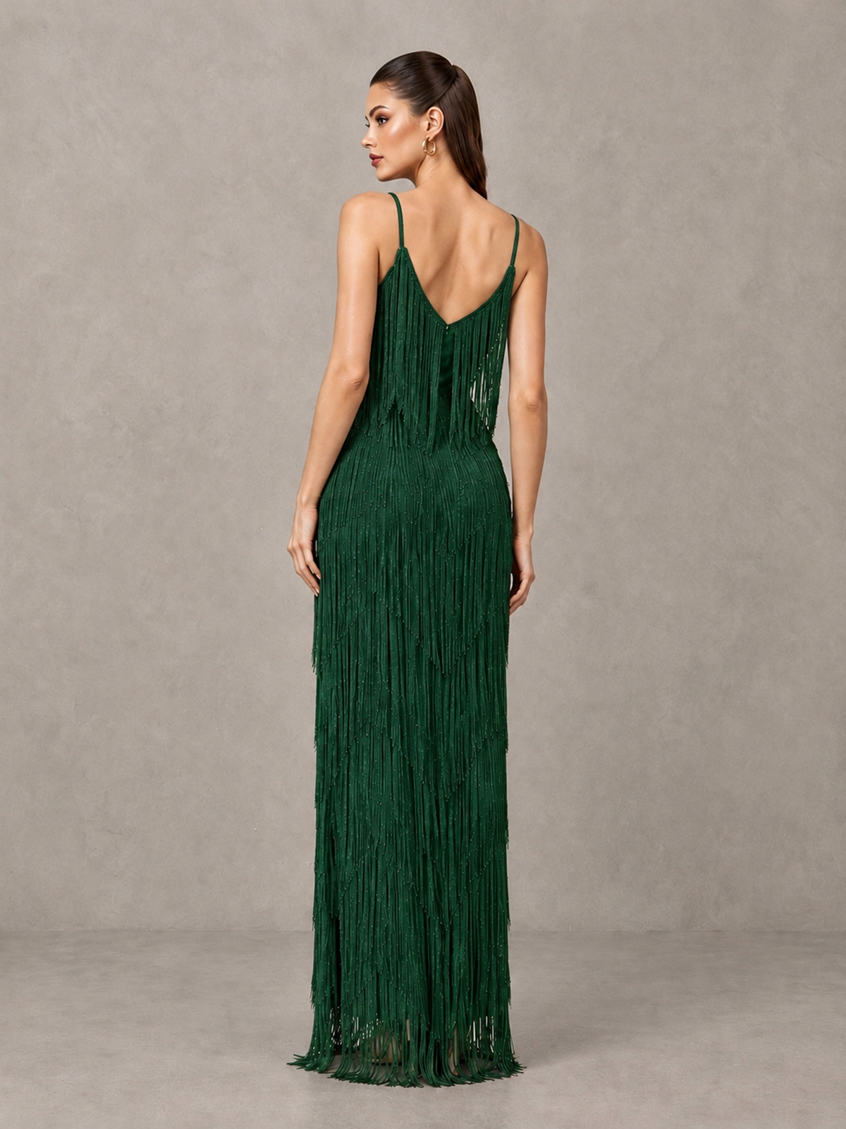 BOLODOO Emerald Green V-Neck Spaghetti Strap Fringe Maxi Evening Dress - Emerald Green - Emerald Green_2