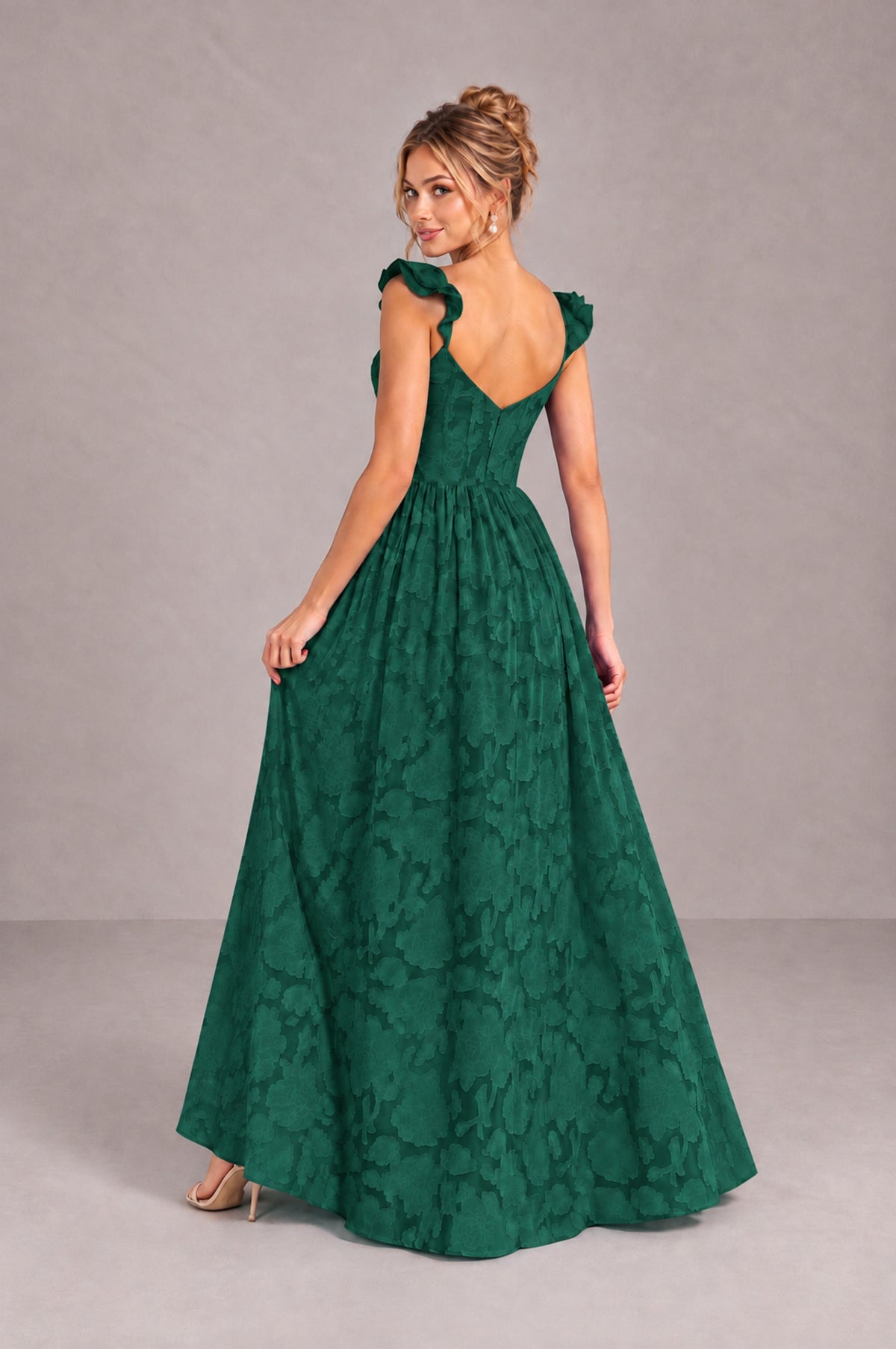 BOLODOO Emerald Green Floral A-Line Bridesmaid Dress with Slit Ruffle Straps Maxi Gown - Emerald Green - Emerald Green_2