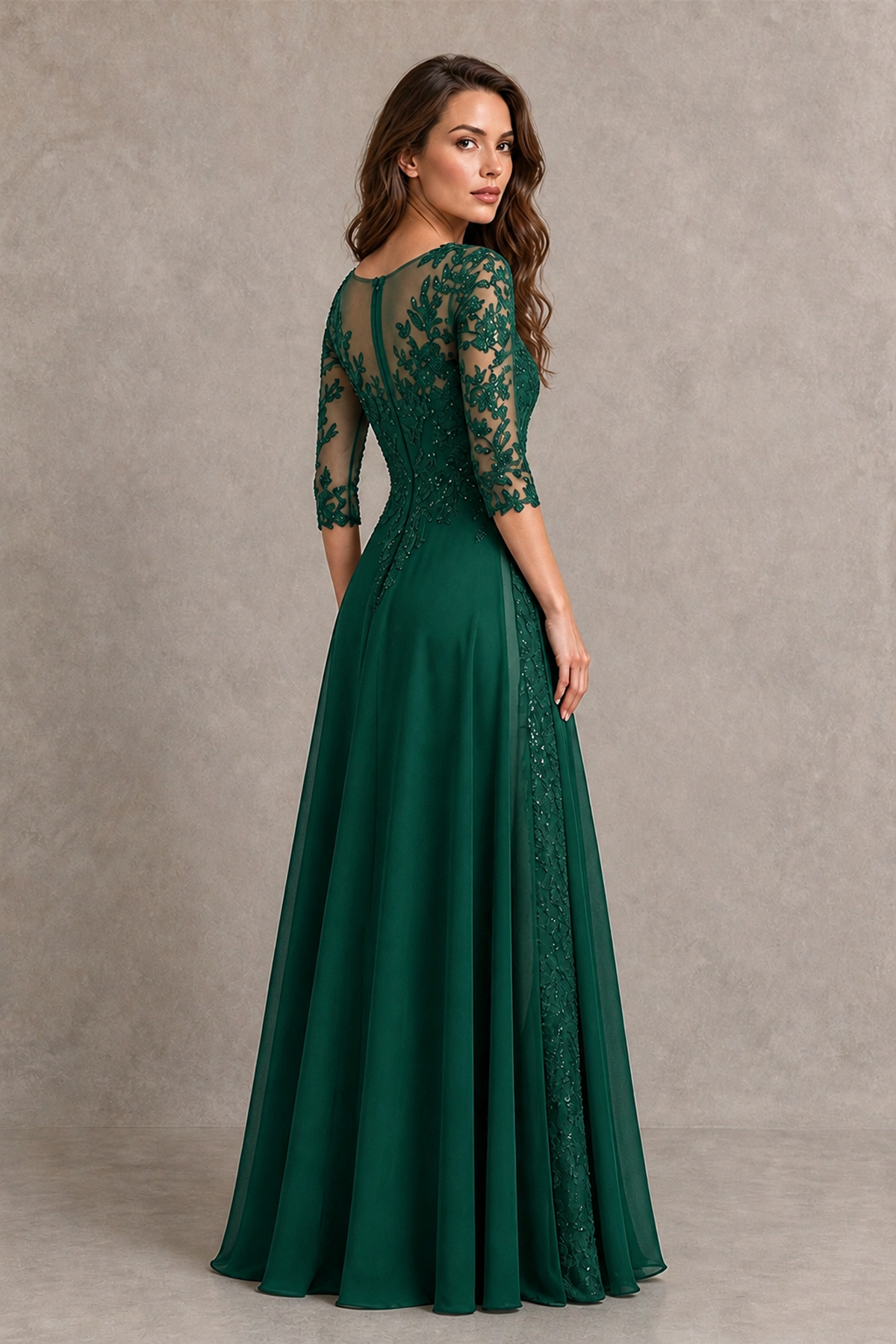BOLODOO Midnight Emerald Green Beaded Lace Appliqué Chiffon A-Line Gown | Mother of the Bride & Formal Evening Dress - Emerald Green - Emerald Green_2