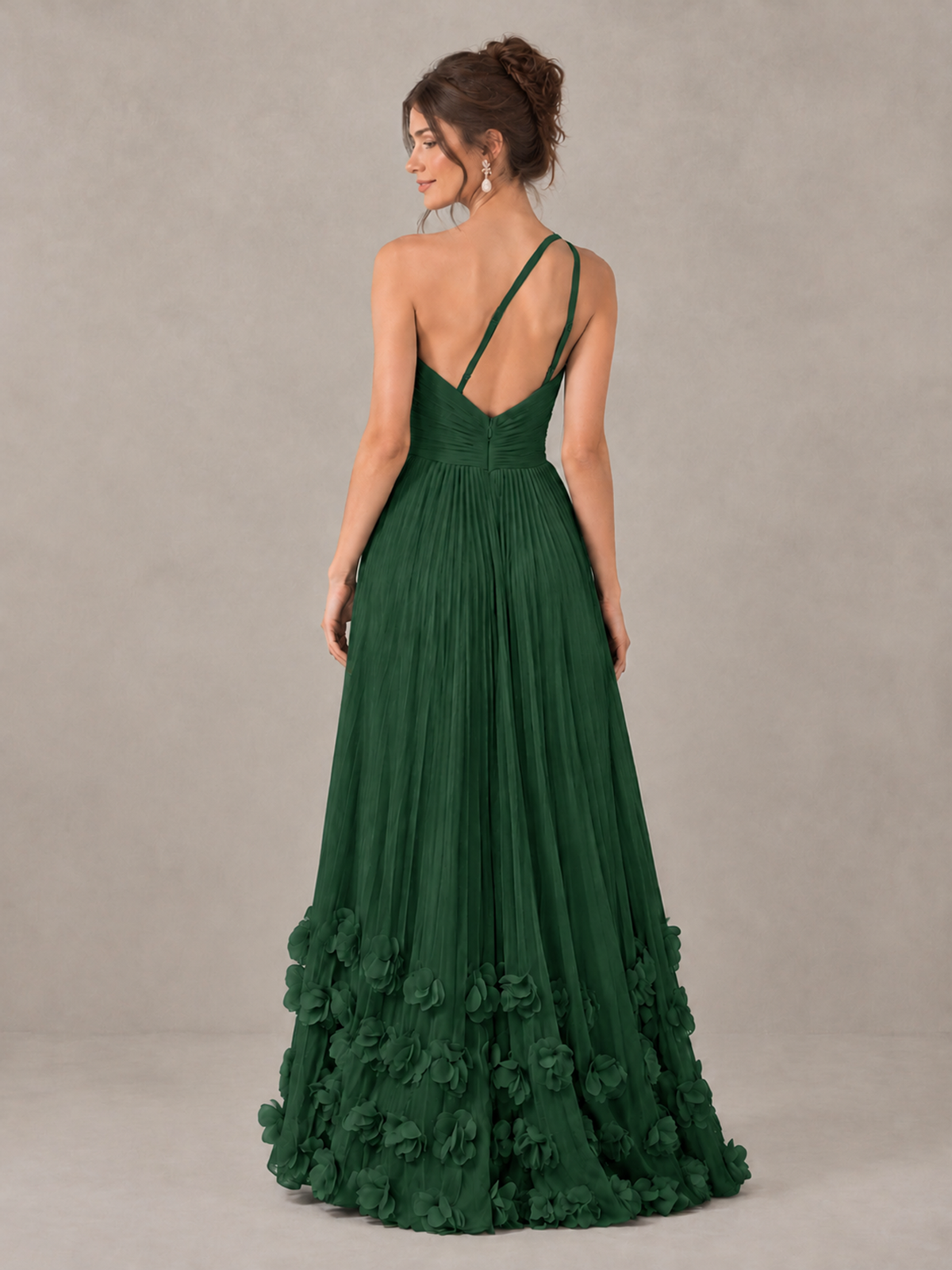 BOLODOO Emerald Green One-Shoulder Pleated Bridesmaid Dress with 3D Floral Hem - Emerald Green - Emerald Green_2