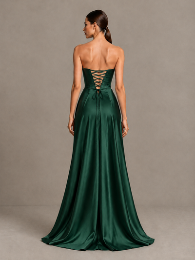 BOLODOO Emerald Green Strapless Satin High-Slit Lace-Up Prom Dress - Emerald Green - Emerald Green_2