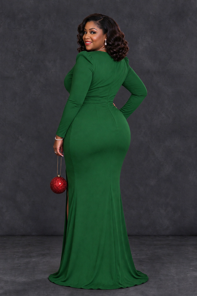 BOLODOO Emerald Green Plus Size Long Sleeve V-Neck Mother of the Bride Dress with Slit - Emerald Green - Emerald Green_2