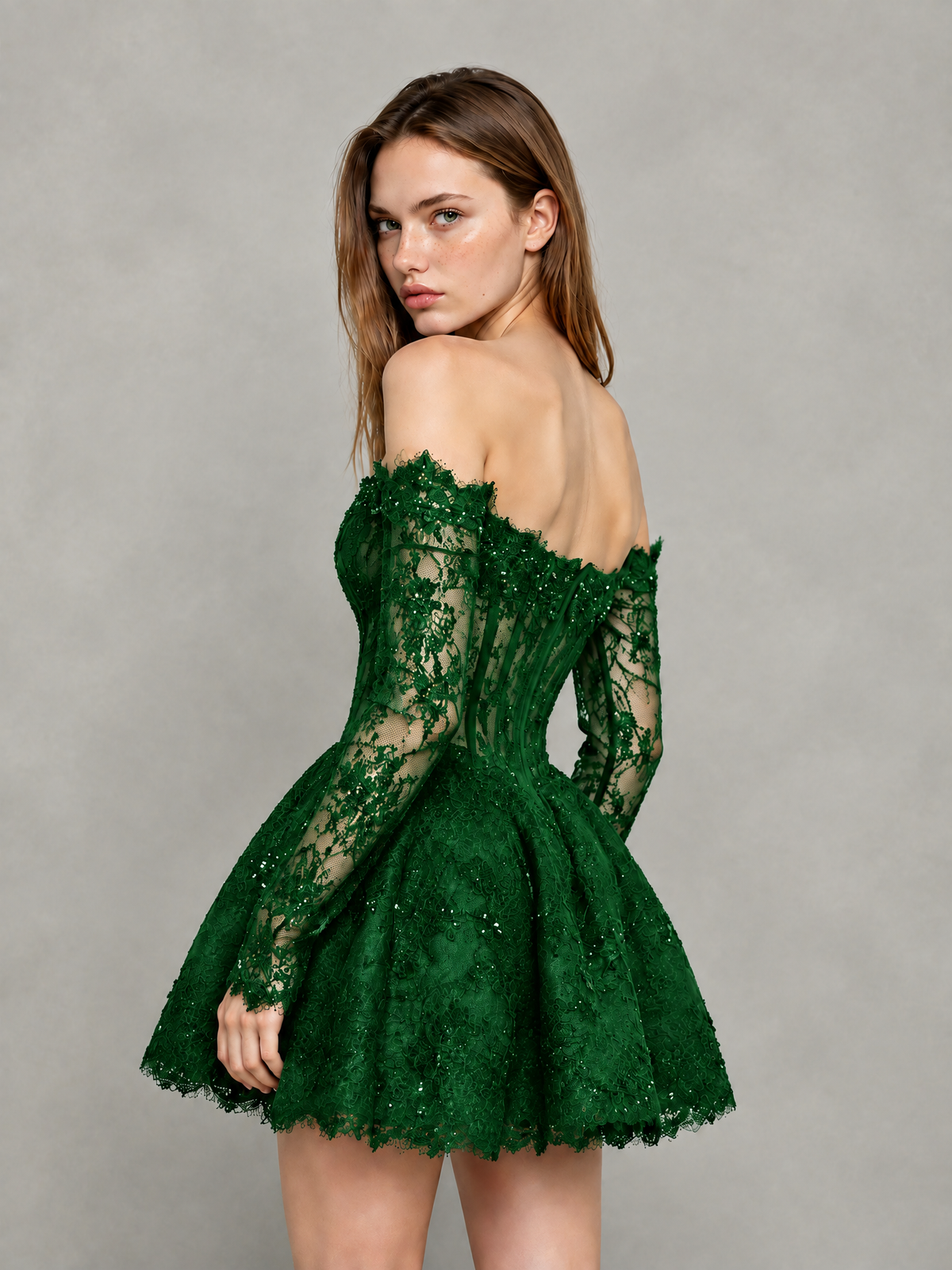 BOLODOO Emerald Green Off-Shoulder Long Sleeve Sheer Lace Sequin Corset A-Line Mini Dress | Open Back Cocktail Party Dress - Emerald Green