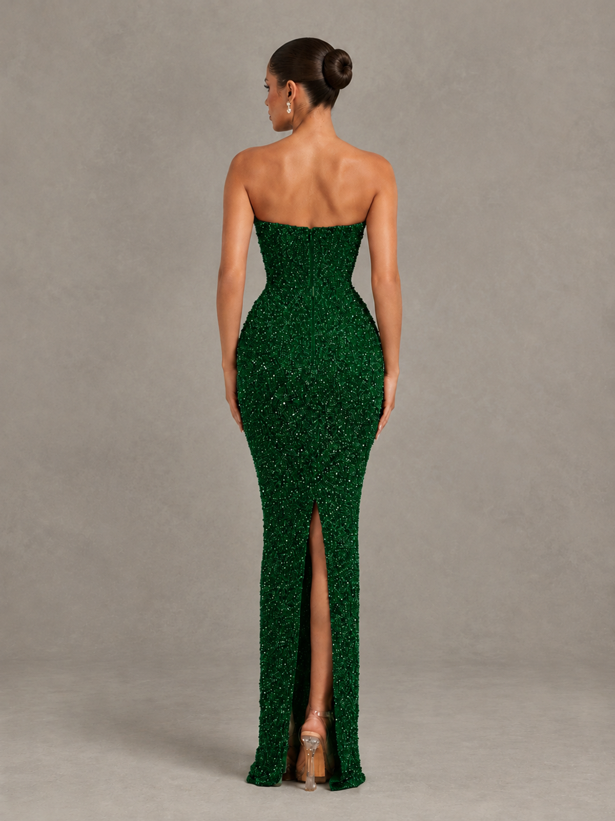 BOLODOO Emerald Green Strapless Sequin Evening Gown with Floral Neckline - Emerald Green - Emerald Green_2