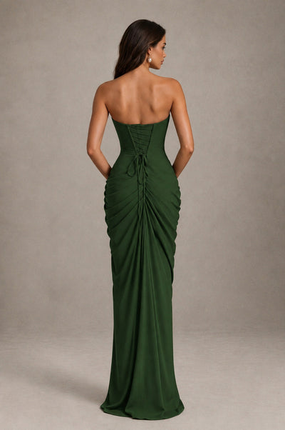BOLODOO Strapless Draped Maxi Dress - Emerald Green Backless Evening Gown with High Slit - Emerald Green - Emerald Green_2
