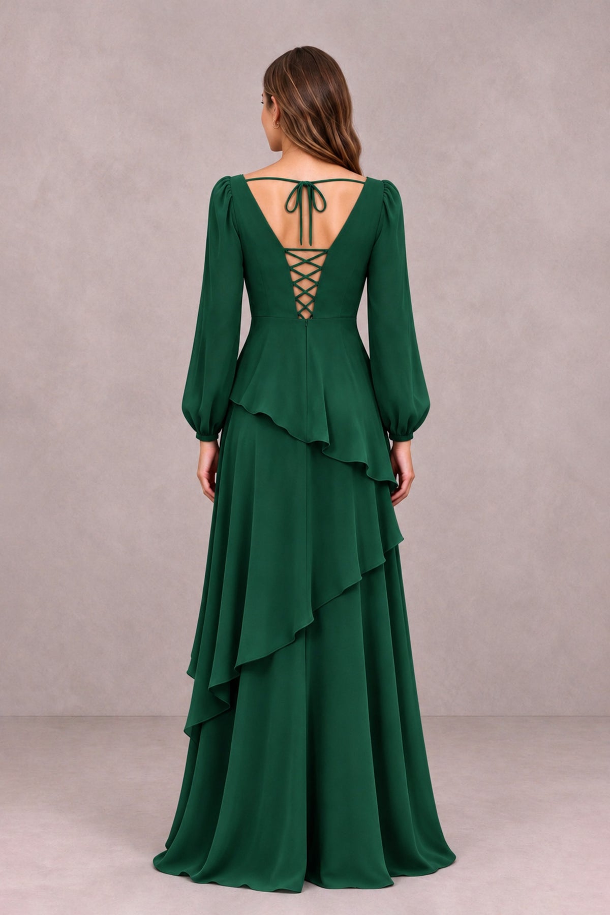 BOLODOO Emerald Green Long Sleeve Ruffle Bridesmaid Dresses - Emerald Green - Emerald Green_2