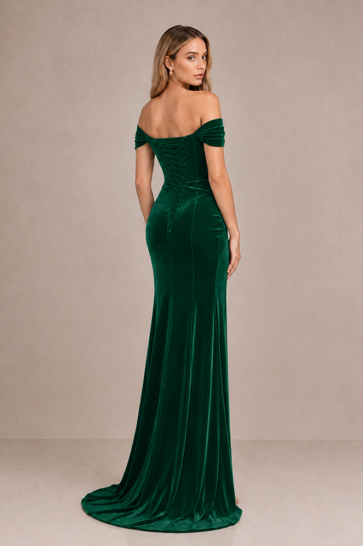 BOLODOO Emerald Green Velvet Off-Shoulder Ruched High Slit Evening Dress - Emerald Green - Emerald_Green_2