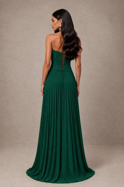 BOLODOO Emerald Green Halter Corset Pleated A-Line Evening Dress - Emerald Green - Emerald Green_2
