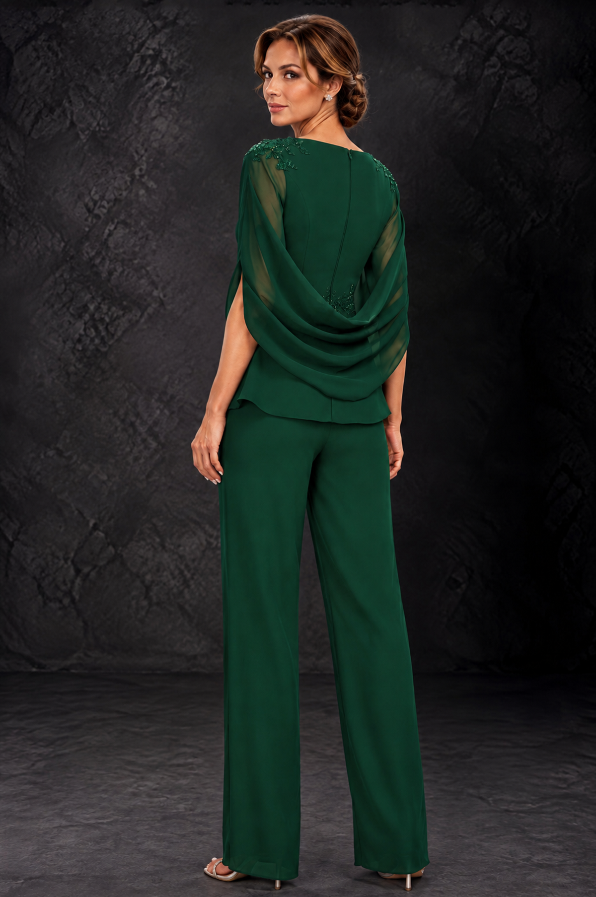BOLODOO Emerald Green Embellished Cape Sleeve Mother of the Bride Pantsuit - Emerald Green - Emerald_Green_2