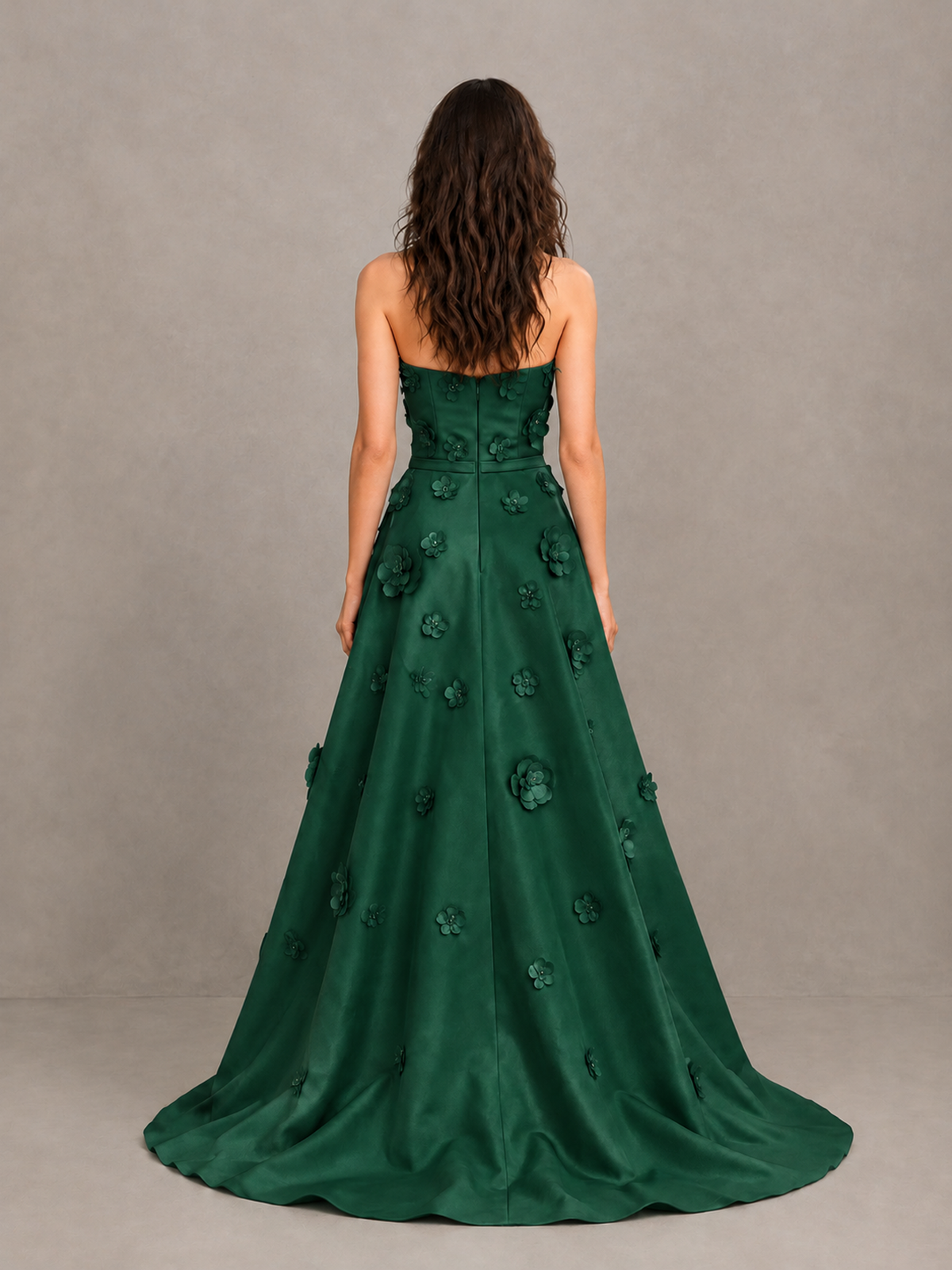 BOLODOO Emerald Green Strapless 3D Floral Applique Prom Gown with Draped Skirt - Emerald Green - Emerald Green(2)